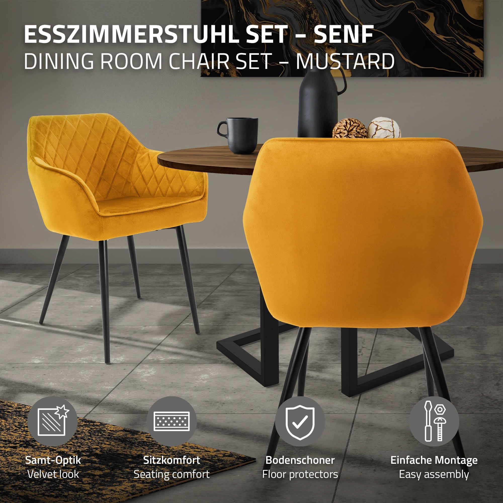 ML-Design Set 2X Sillas de Comedor Color Ocre Estilo Moderno Asiento Tapizado Aspecto de Terciopelo Patas de Metal Negras con Respaldo y Apoyabrazos Sillón Moderno de Salón Oficina Dormitorio Cocina