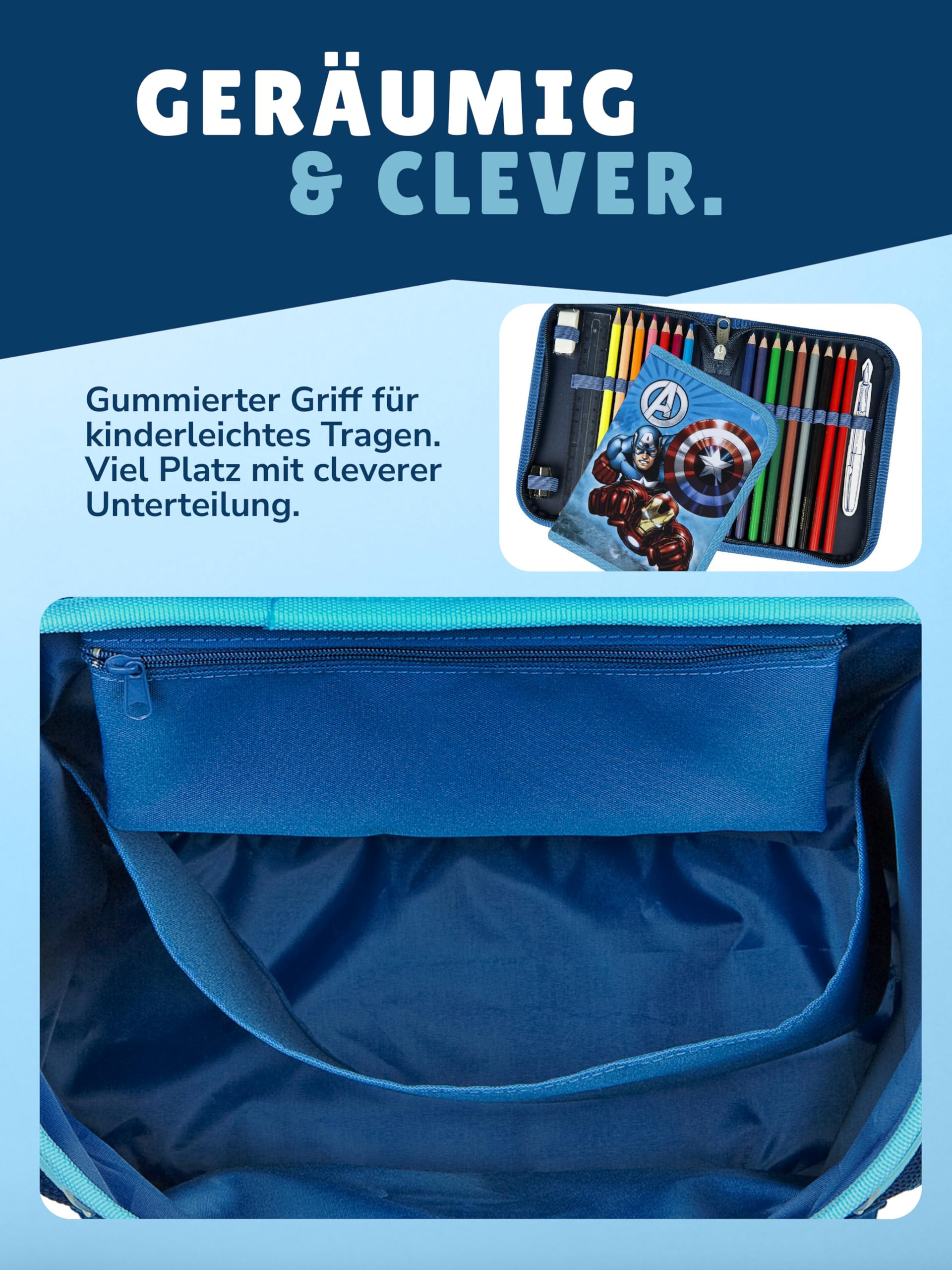 Familando - Scooli Campus Fit Schulranzen Set - 5-teilig mit Federmappe - Marvel Avengers Hell-Blau - Ergonomisch, stabil & 980g leicht - 18L Volumen - Brustgurt & Reflektoren - ab 1. Klasse