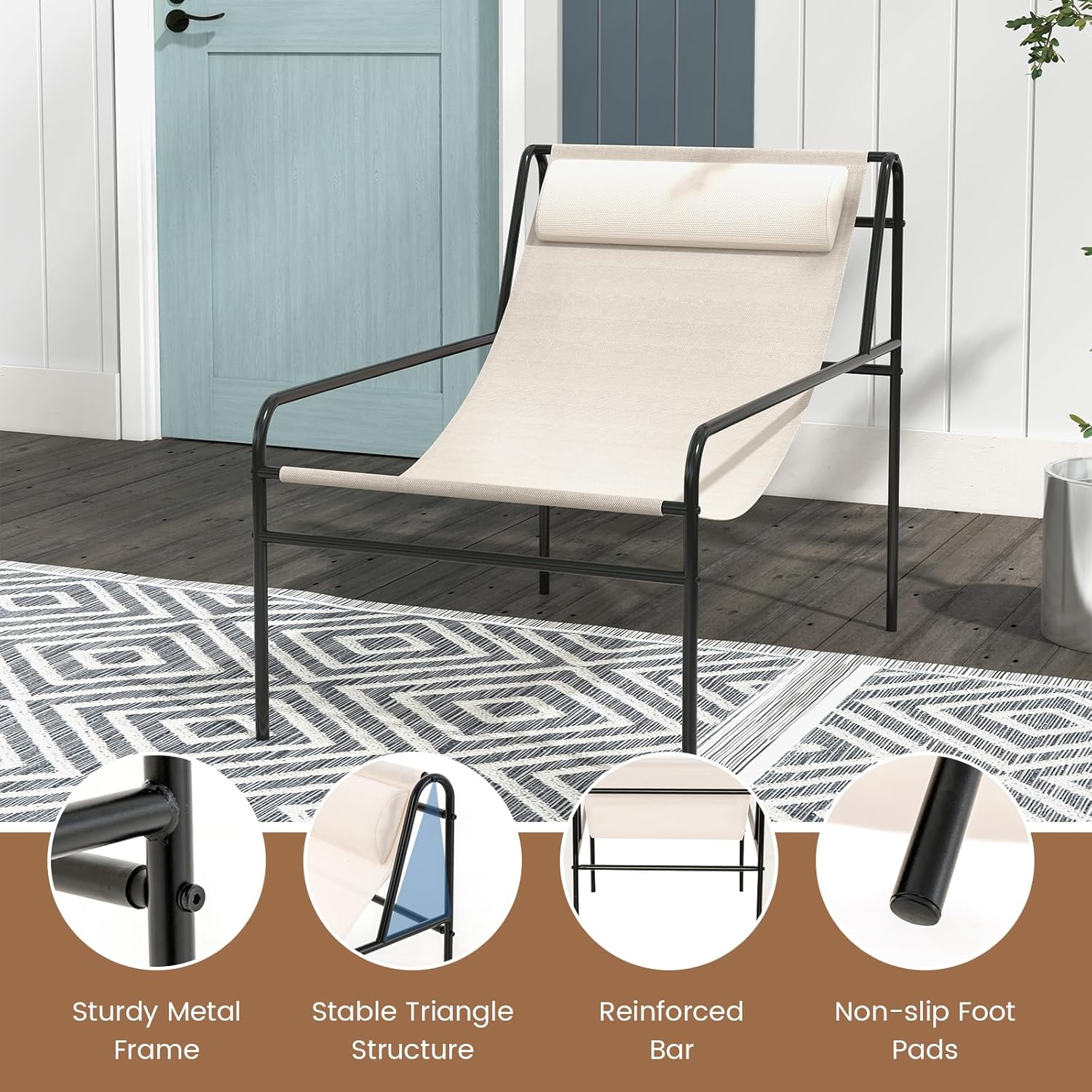 Giantex Patio Sling Lounge Chair Set of 2, Modern Sling Accent Chair with Removable Headrest Pillow, Heavy-Duty Metal Frame, Breathable Seat Fabric, Leisure Chair for Indoor Outdoor, 350 lbs Max Load