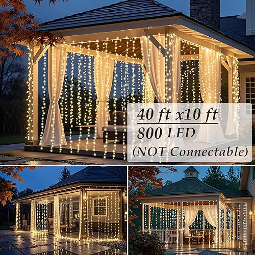 Miniatura 9 de Solhice Cortina de luces LED para exteriores, 40 x 3 pies, 600 luces LED para colgar para valla, luces parpadeantes, telón de fondo, impermeable,