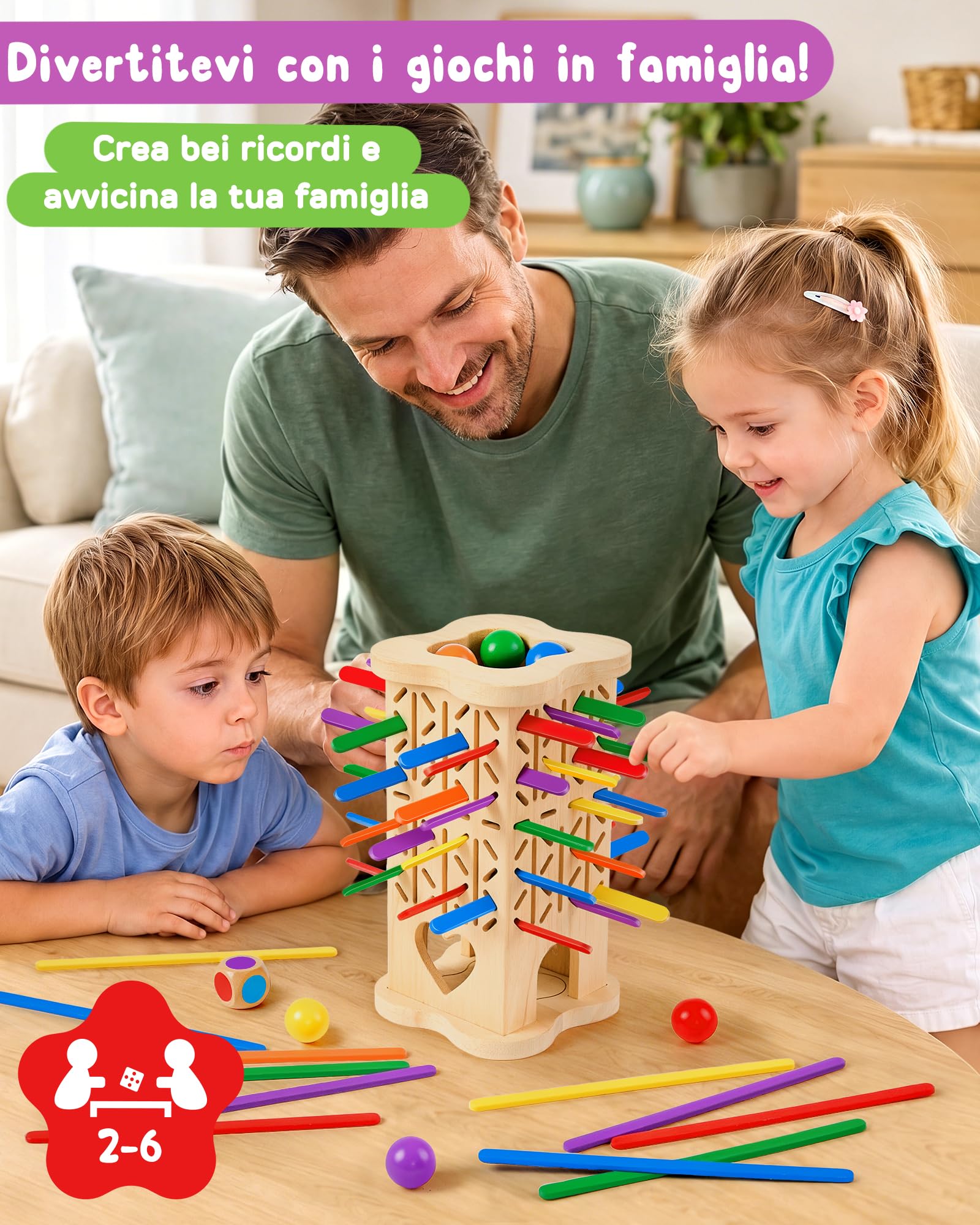 Giocattoli Montessori in Legno per bambini 3 4 5 6 anni | Gioco di Società Educativo con Bastoncini Colorati, Dado e Palline, Sviluppa la Motricità Fine e la Concentrazione, Regalo