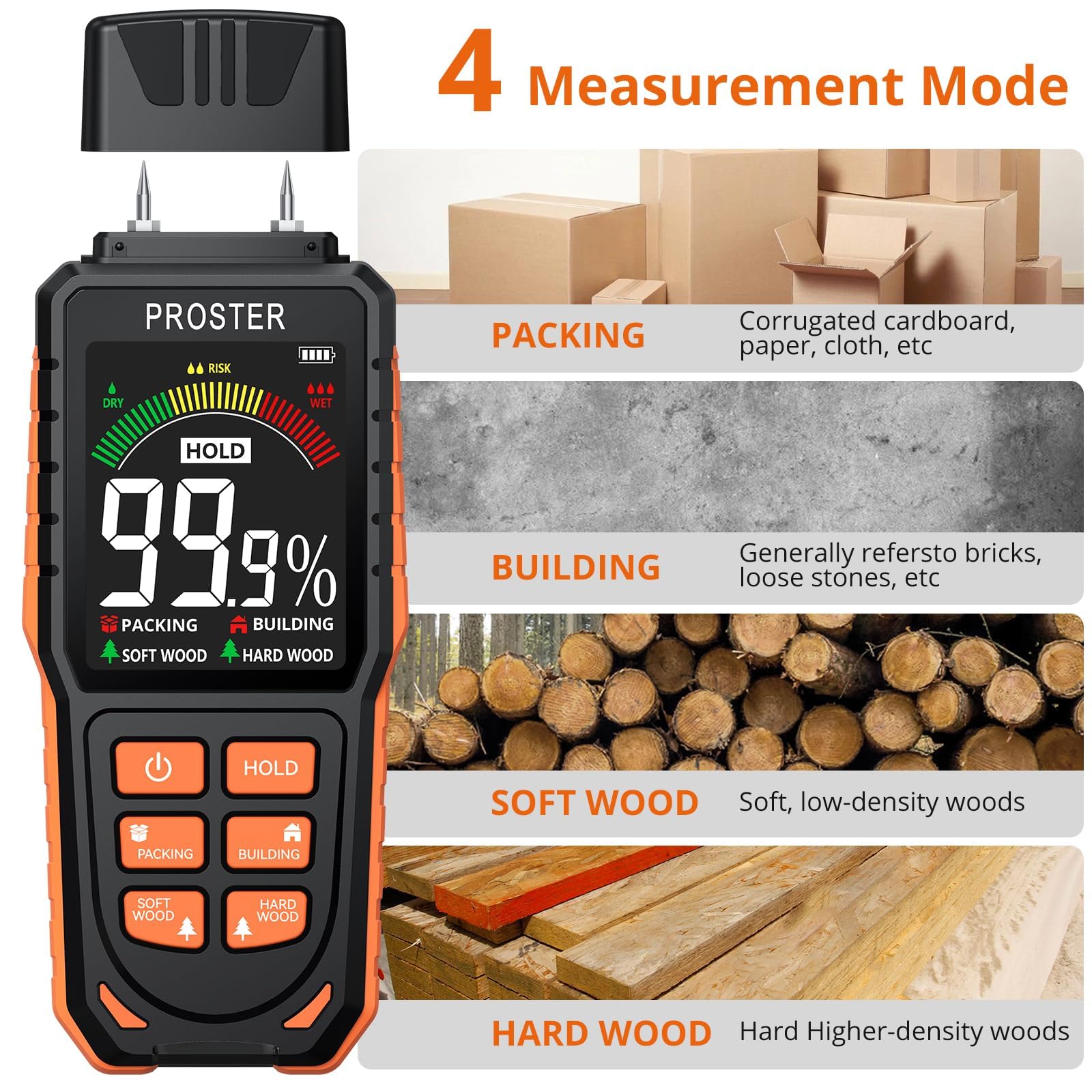 Proster Humidimètre Numérique à Broche Remplaçables Haute Précision 4 Modes Écran LCD Couleur Testeur Humidité Portable Rechargeable