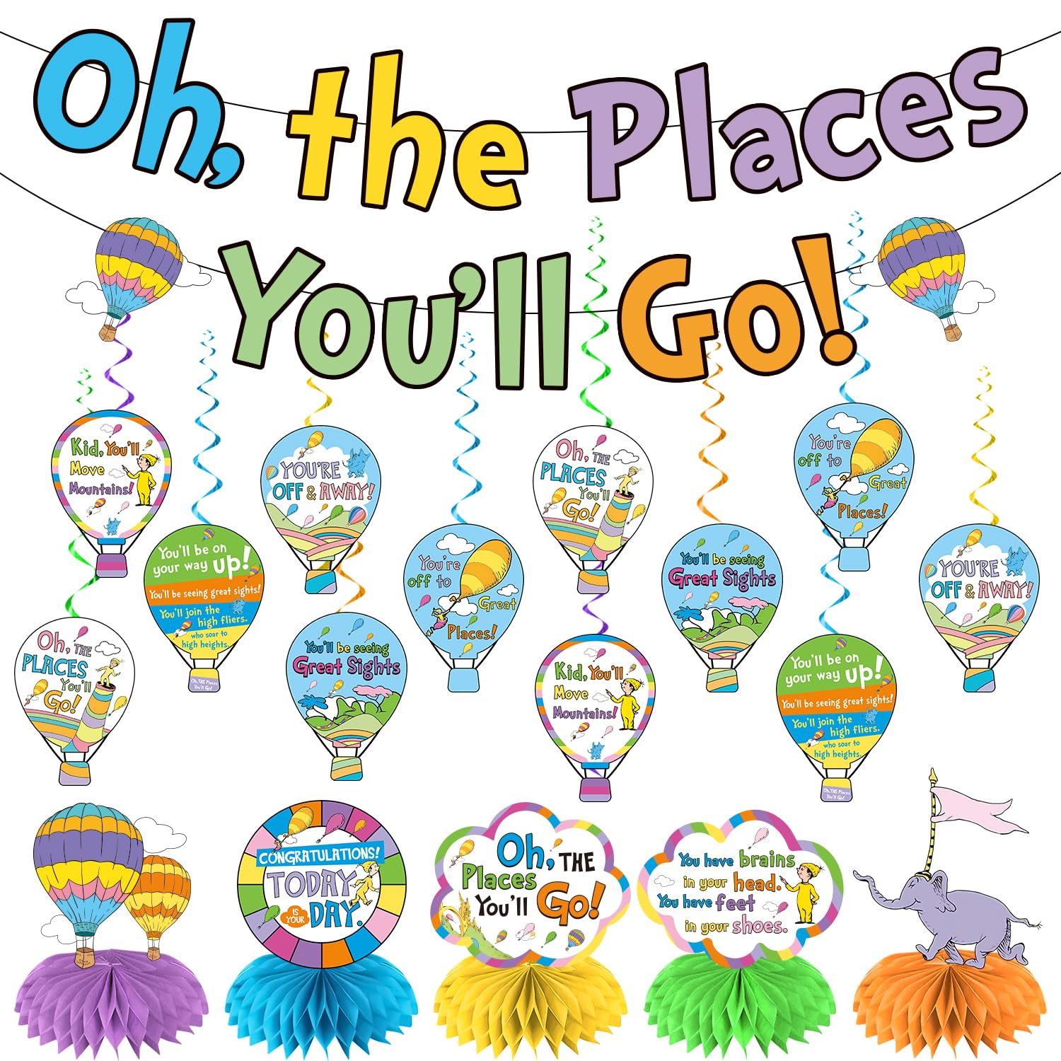 30Pcs Oh The Places You'll Go Decorations, NO-DIY Colorful Oh The Places You'll Go Graduation Decorations Banner Swirls Honeycomb Centerpieces for Kindergarten Preschool Graduation Decorations