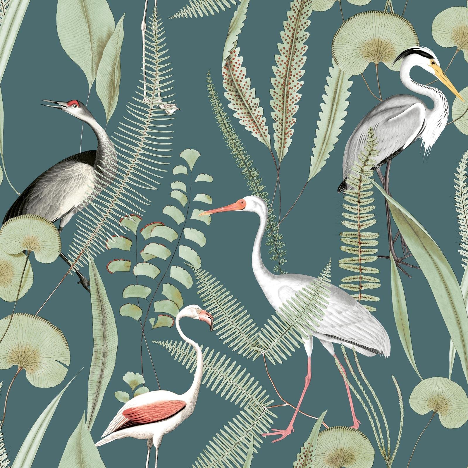 Muriva Eden Kivu Birds Water Plants Wallpaper Dark Green M37414