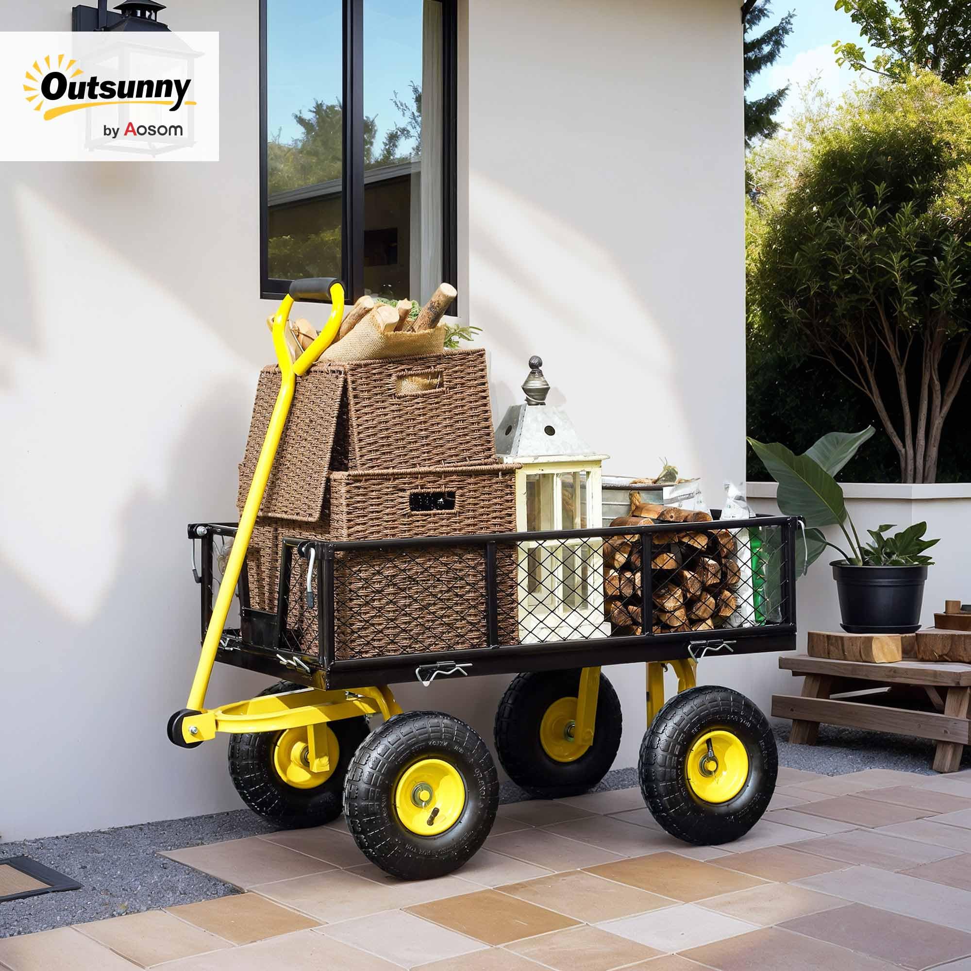 Outsunny Carro de Jardín Basculante Carga 200 kg Carro para Playa con Paneles Laterales Desmontables Mango Giratorio de 180° y 4 Ruedas Neumáticas Grandes de Goma Negro y Amarillo