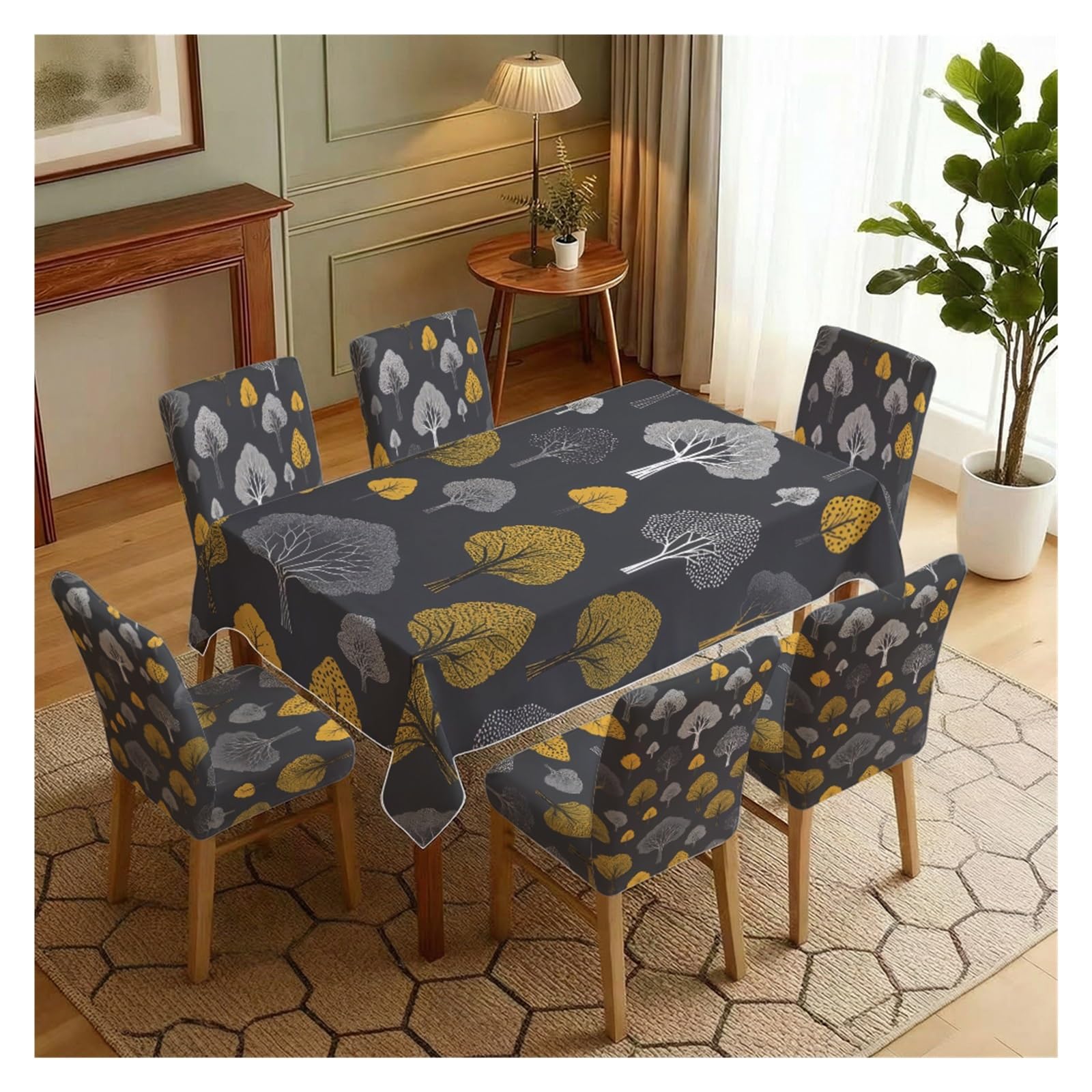 KXUAUV Dark Grey Gold Forest Print Stretch Chair Covers & Tablecloth Set, For Kitchen Dining Room Farmhouse Rustic Decor, 5/7 Pack Party Decor(7pcs Set: Tablecloth+Chair Covers)