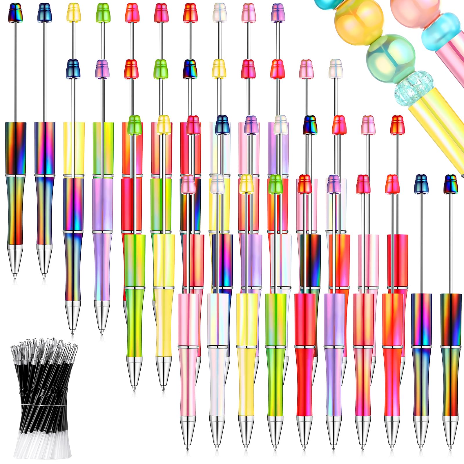 Crtiin 100 Pieces Plastic Beadable Pen Bulk Kit 50 Bead Ballpoint Shaft Black Ink Beaded Pens with 50 Refills for DIY Making Valentines Day Gift for