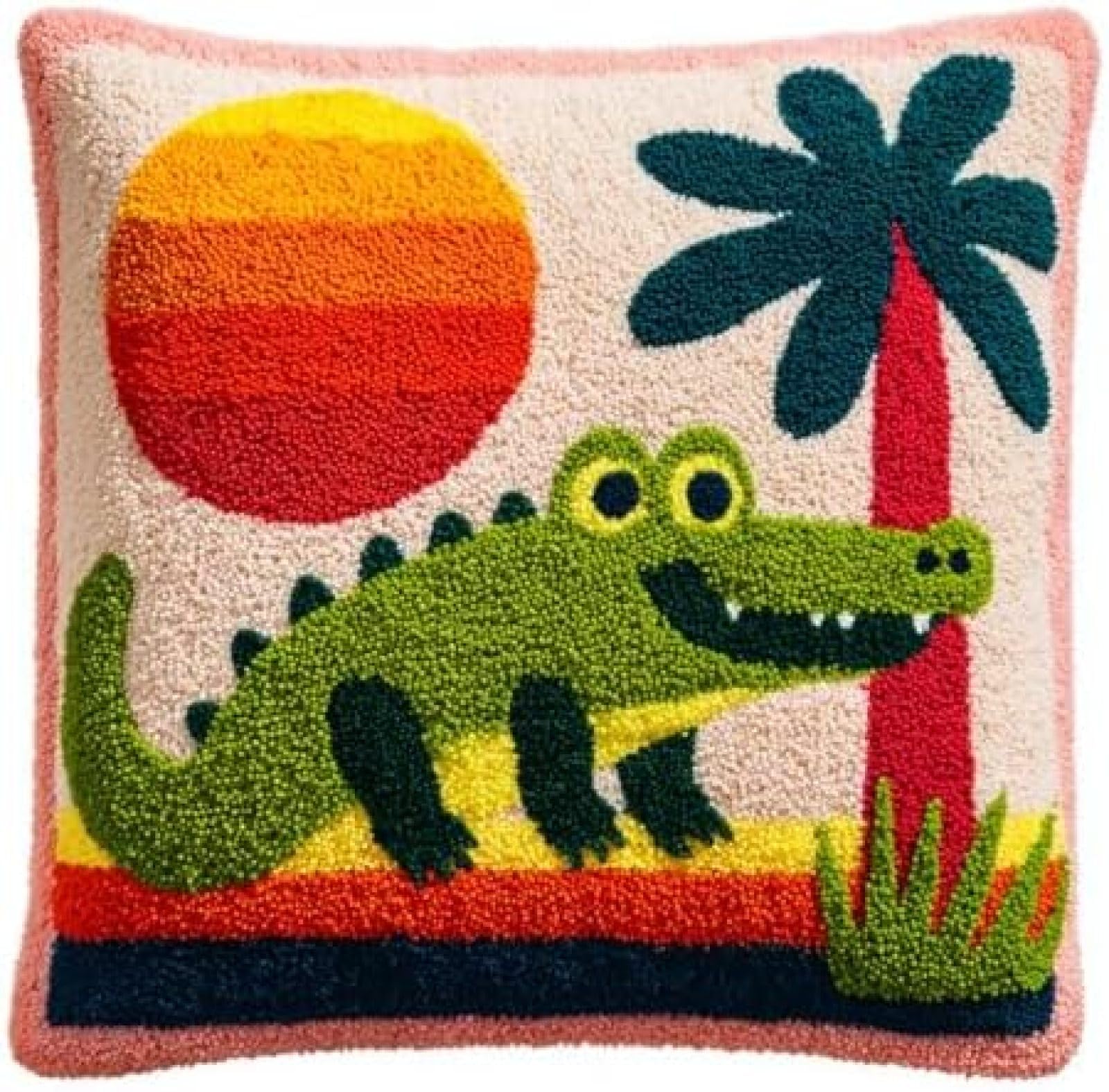 kitphoenix DIY Latch Hook Kit,Cushion Cover Making Set for Adults with Yarn,Alligator and Dawn,Hook and Pre-Printed Canvas,43x43 cm