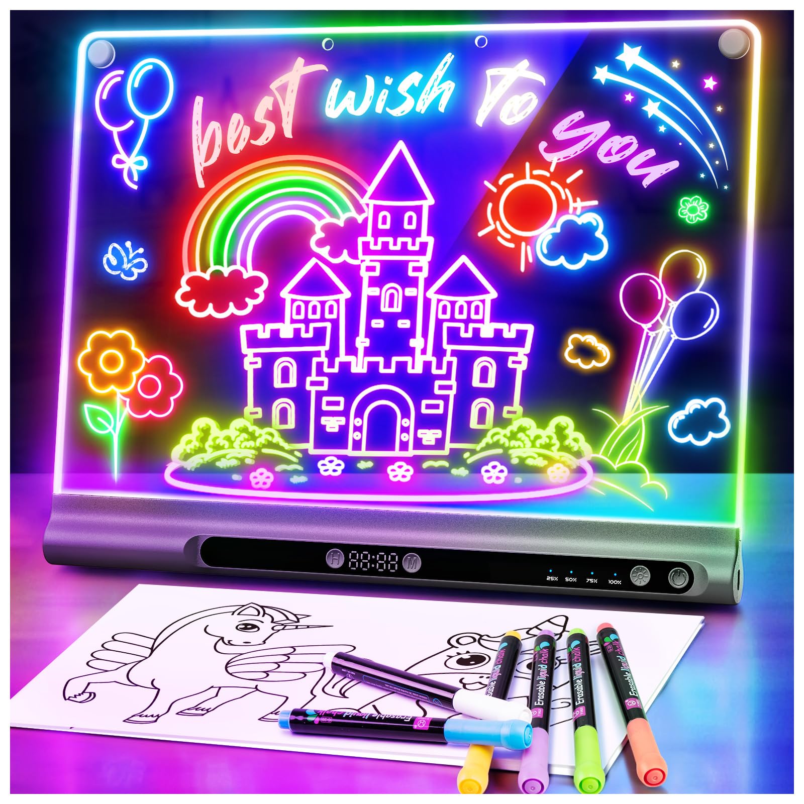 LED-Zeichenbrett Wiederaufladbares 41 cm, 9 Lichtmodi mit Timer, Neon-Trockenlöschtafel mit Ständer, Leuchtendes Schreib- und Notizboard, Geschenk für Kinder/Mädchen, 6 Stifte & Vorlagenbuch, Schwarz