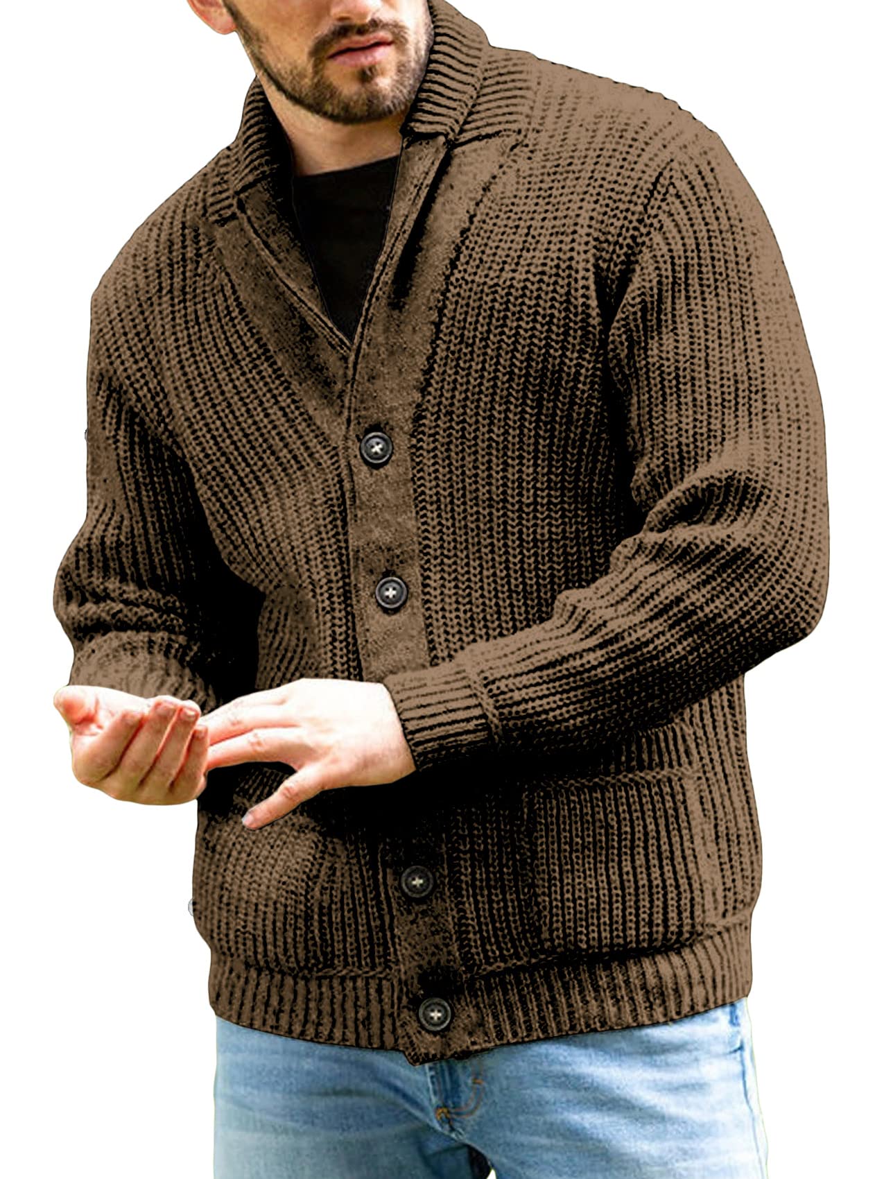 Runcati Strickjacke Herren Grobstrick Cardigan Lässig Schalkragen Langarm Knopfleiste Strickpullover Tops