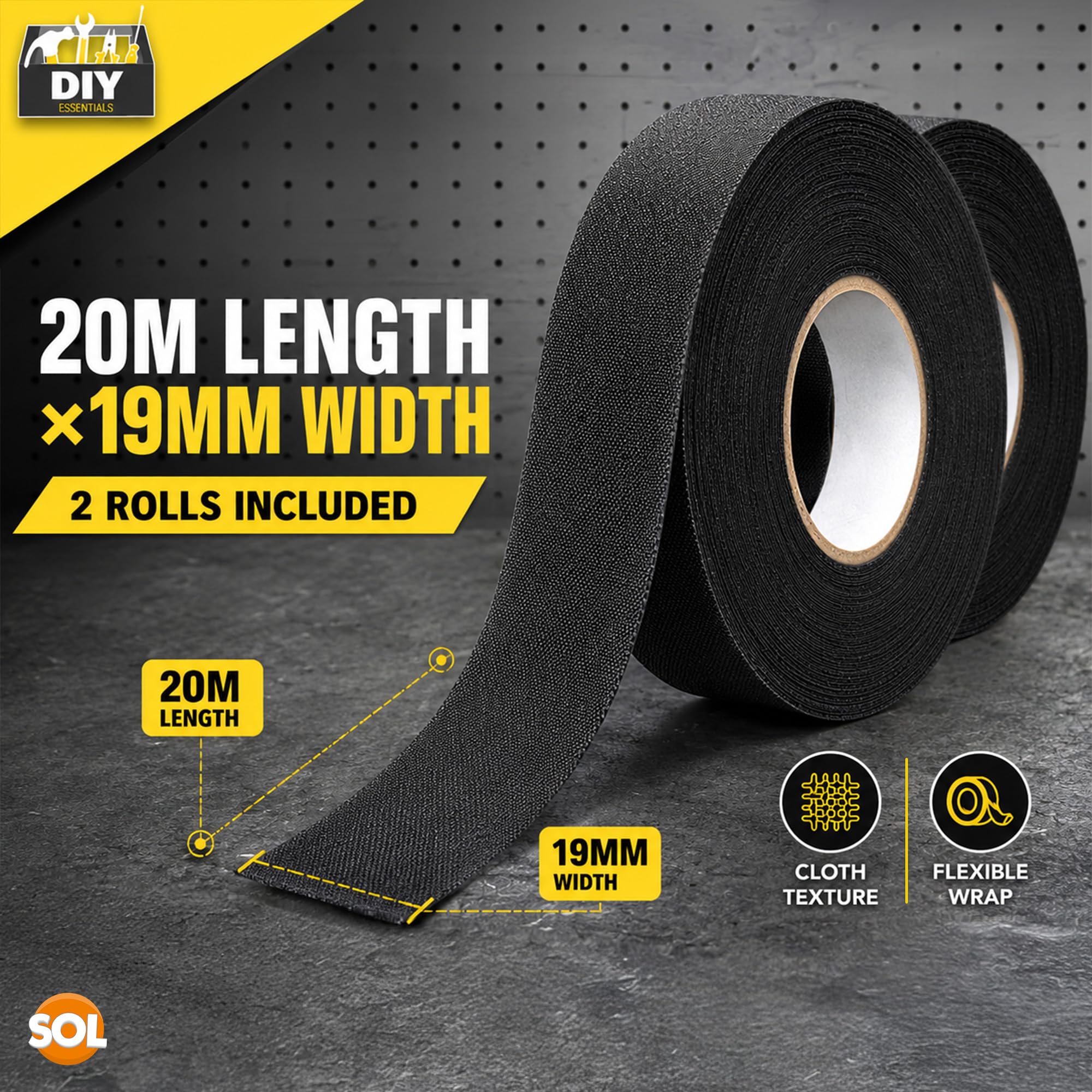 SOL 2 cintas de arnés de cableado de 20 m, fieltro negro para coches, motocicletas, duradera y flexible, resistente al calor, ideal para gestión de cables eléctricos automotrices