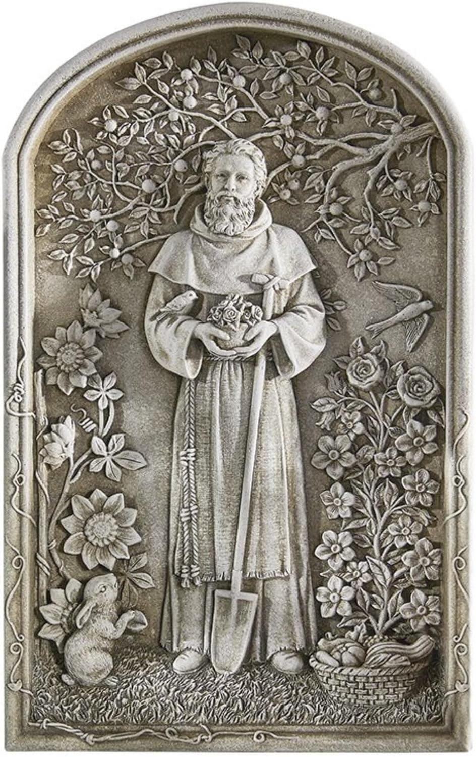 Saint Fiacre Garden Wall Plaque, Stone Resin Religious Décor, 12.25" Tall x 7.75" Wide x 1" Deep