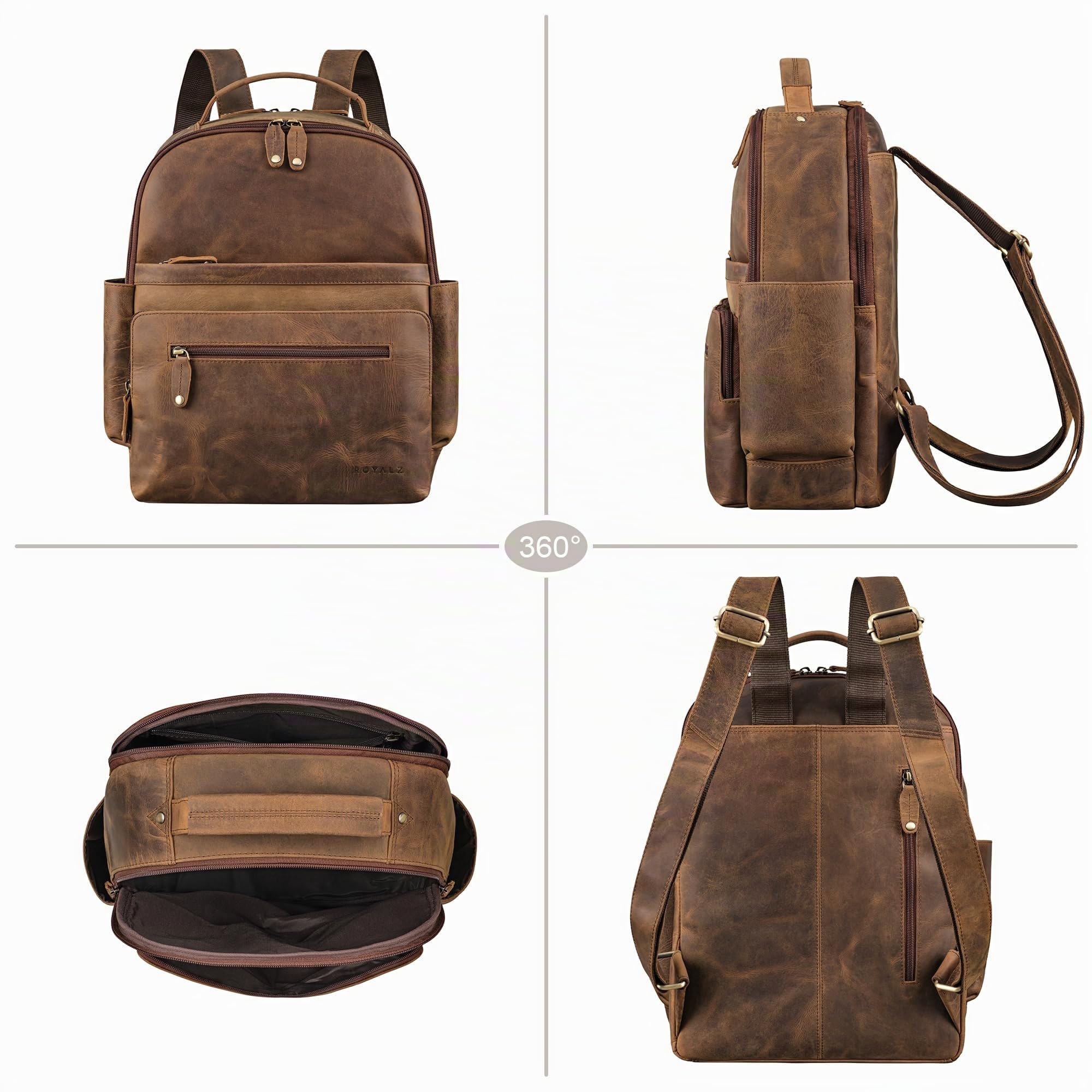 ROYALZ mochila de cuero para hombres 14 pulgadas portátil 'New Orleans' mochila de cuero genuino damas de tamaño mediano de negocios escuela universidad ocio, Color:Nevada Marrón