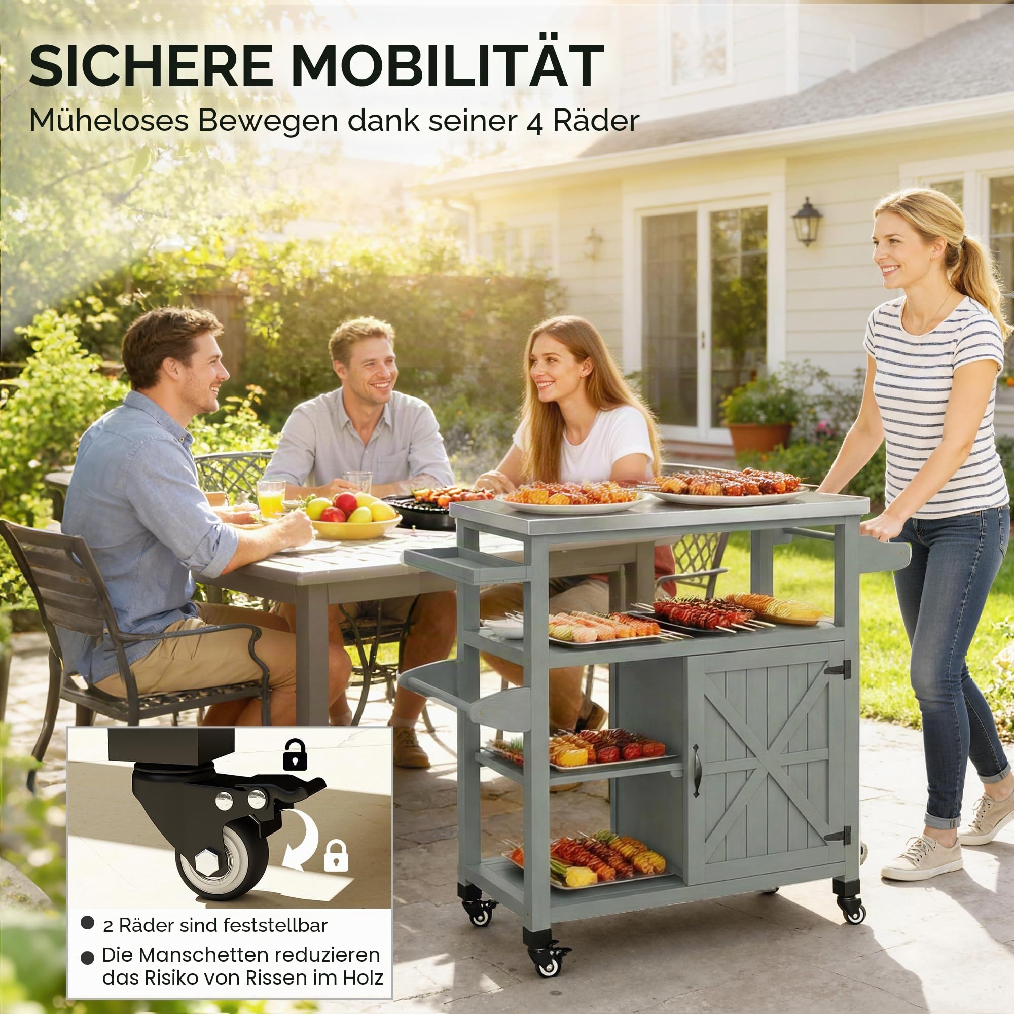 Outsunny Gartenwagen Grillwagen auf Rollen Kücheninsel aus Holz Edelstahlplatte Schrank offene Regale Gewürzhalter Handtuchhalter Flaschenöffner 107 x 49,5 x 92,5 cm grau