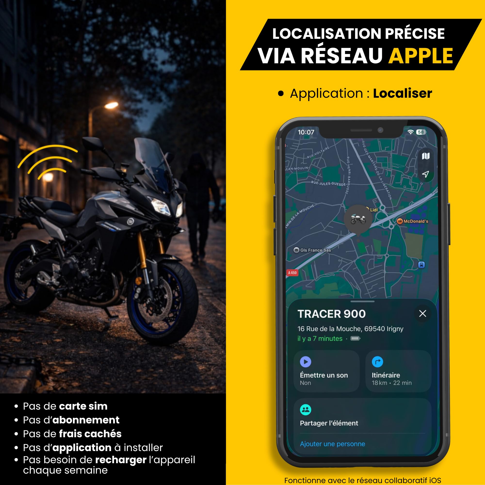 Pack Tracker Moto sans Abonnement – l'esprit Tranquille Eda Bike – Traceur Moto Discret – Pile Remplaçable 12 Mois – Kit d’Installation Inclus – Compatible iOS