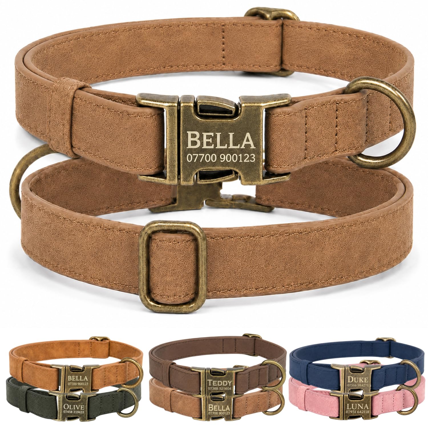Personalised Leather Dog Collar with Name and Phone Number, Soft PU Leather Custom Dog Collar with Engraved Metal Buckle in UK, Vintage Adjustable Collar for Small Medium Large Dogs