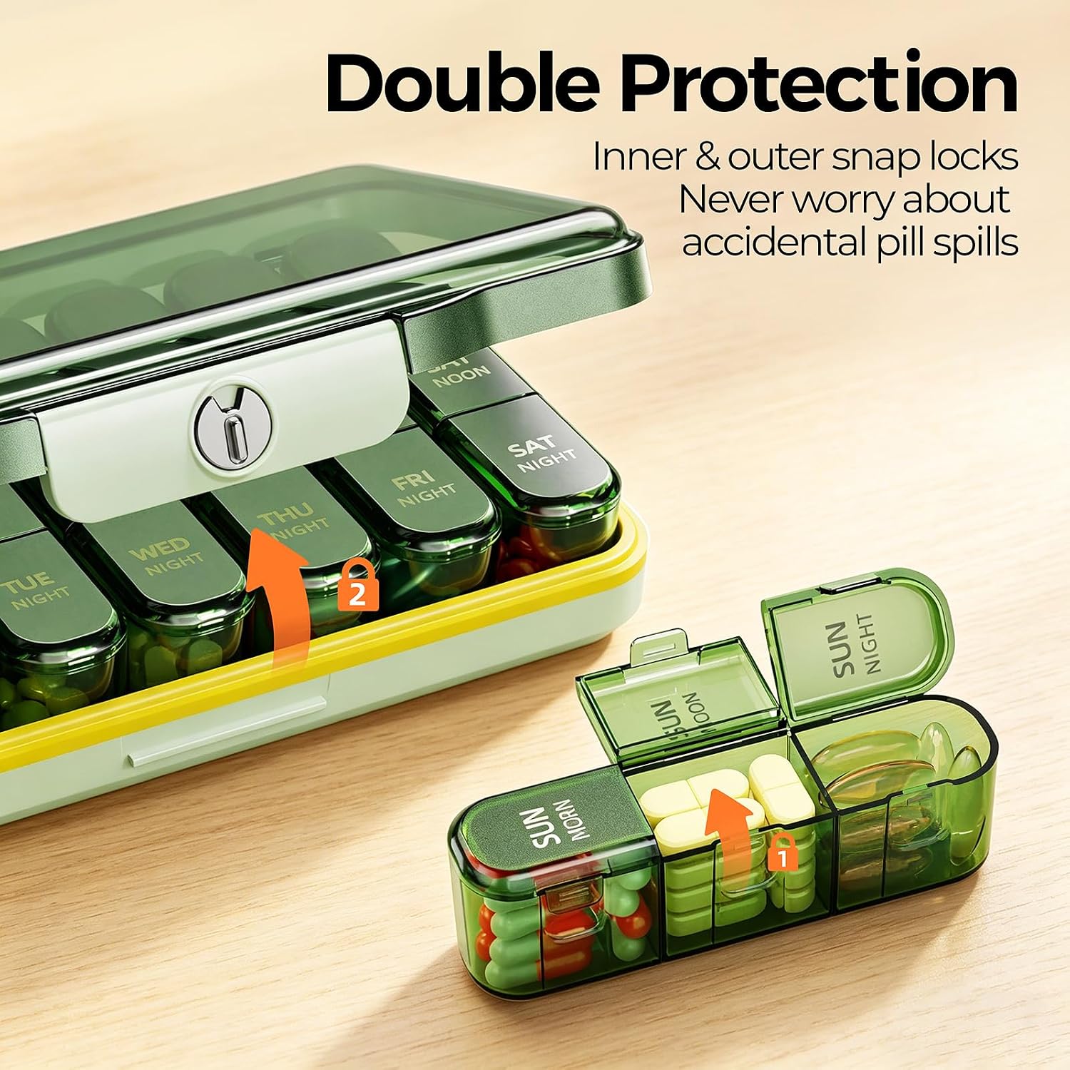 Weekly Pill Organizer 3X a Day, Detachable 7 Day Pill Box 3 Times a Day with Moisture-Proof Design, Portable Light-Proof Daily Pill Case for Pills,Vitamin,Fish Oil and Supplements(Green)