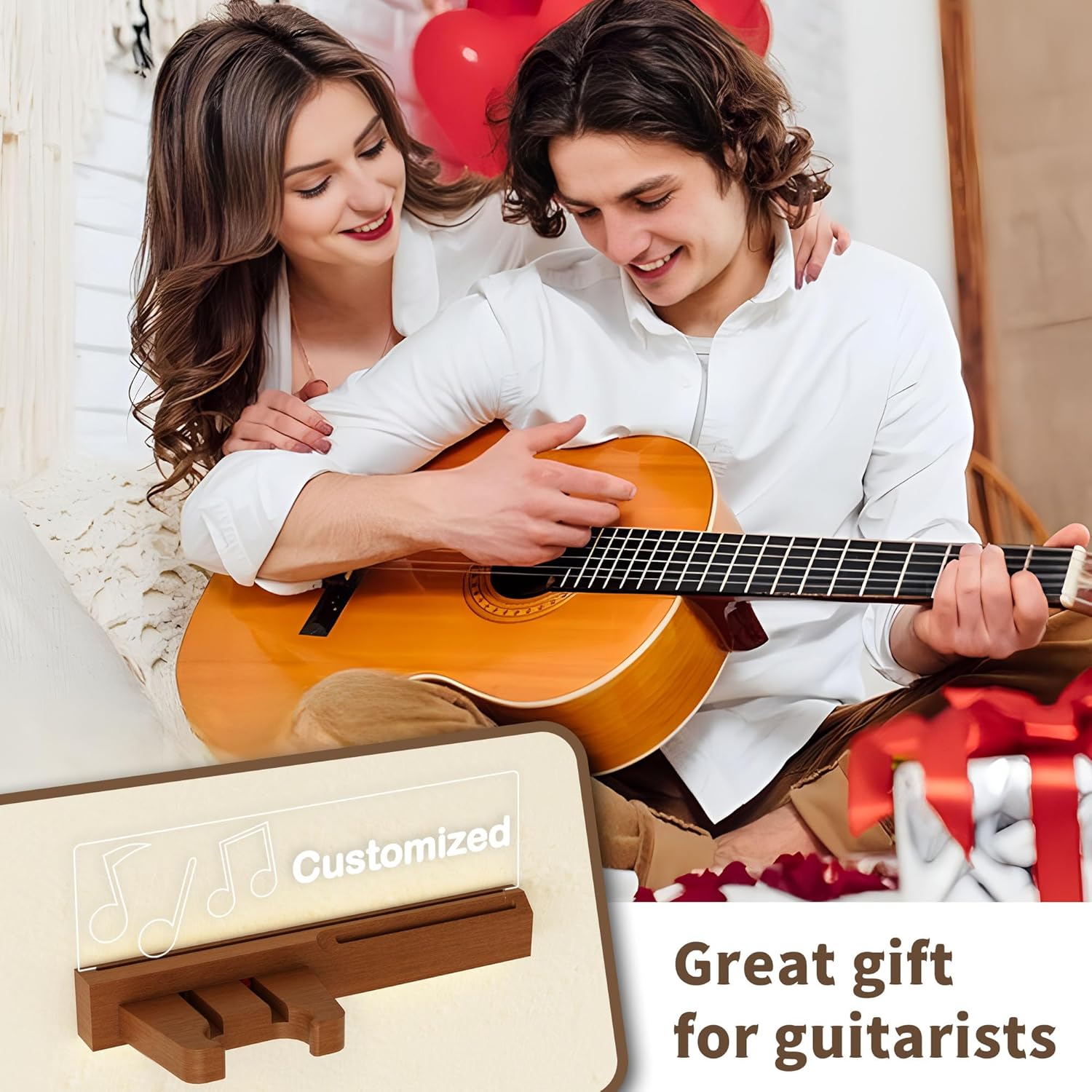 CoolGift Mart Customized Wall-Mounted Guitar Stand with LED Illumination - USB Powered, Musical Notes Design, Pick Holder - Premium Wood and Acrylic