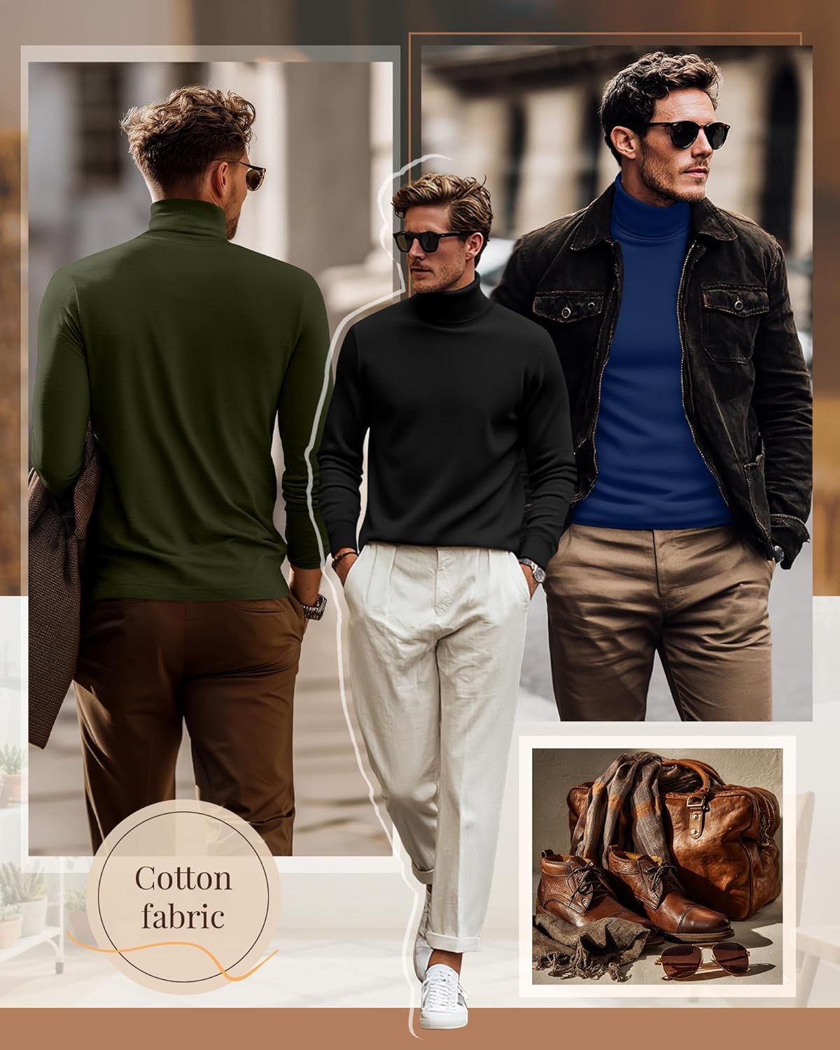 Ficerd 3 Pack Men's Turtleneck Shirts, Long Sleeve Cotton Pullover Sweaters Mock Neck Knitted T-Shirt Basic Slim Fit Tops - Image 3