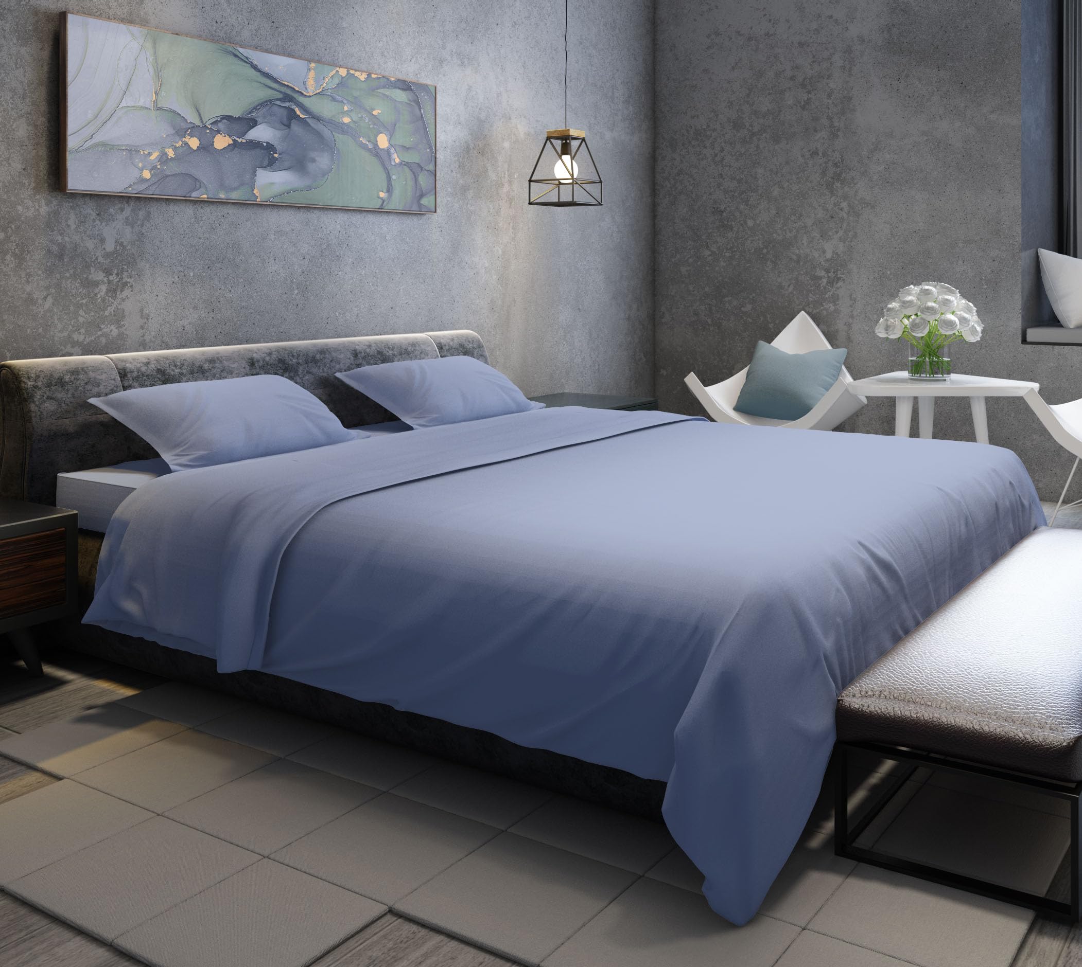 zer0bed, Juego de sábanas de Matrimonio de Raso de algodón Liso, Azul Cielo, 100% satén de algodón, sábana encimera, sábana Bajera Ajustable, par de Fundas de Almohada con 4 Volantes
