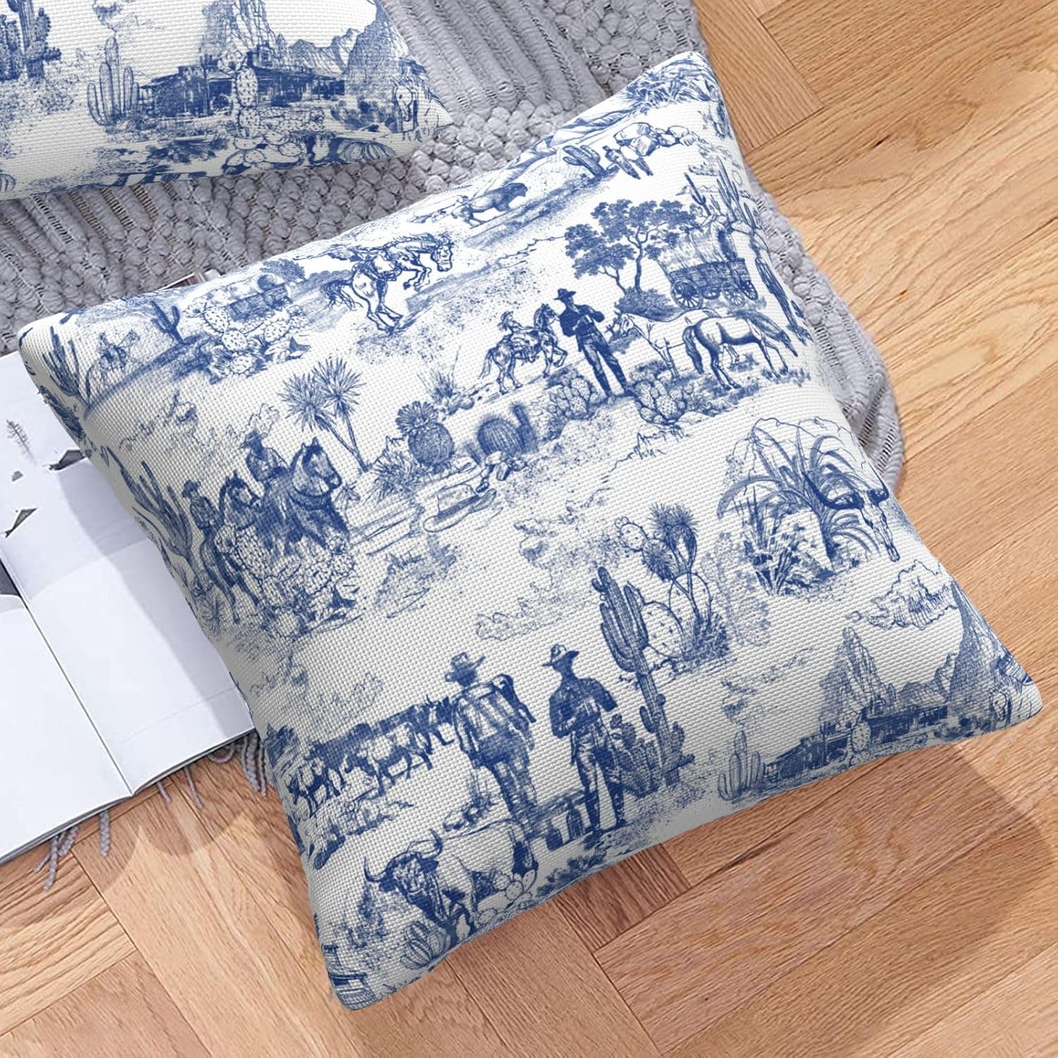 Outdoor Waterproof Throw Pillow Covers 20x20 inch Set of 2 Western Cowboy Accent Pillow Cases Blue Toile Decorative Cushion Covers for Patio Garden Sofa Chair Couch