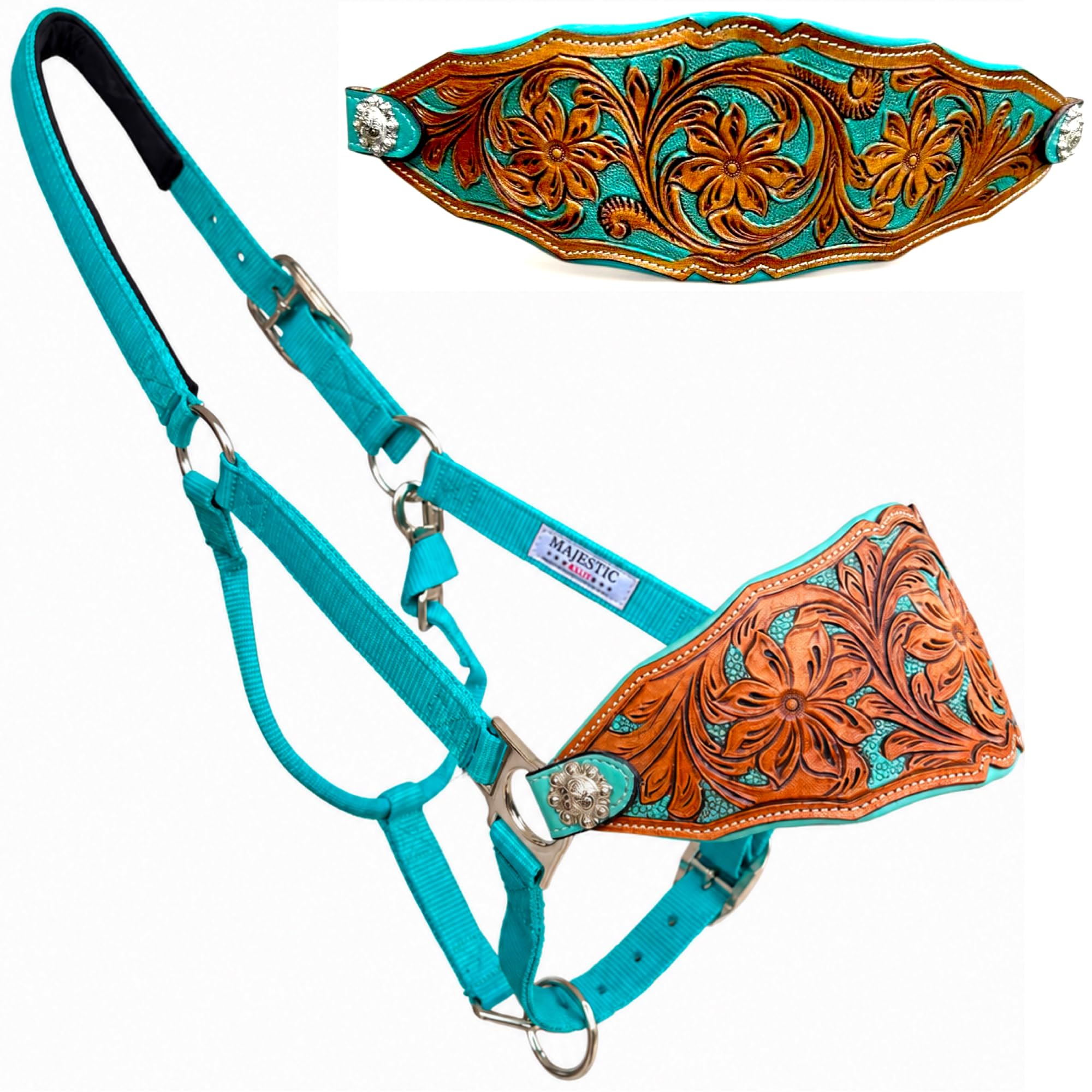 Majestic Ally Western Horse Bronc Halfter, türkis, gepolstertes Leder-Reithalfter, Antik-Finish, gedrehtes Blumendesign, verstellbares Nylon