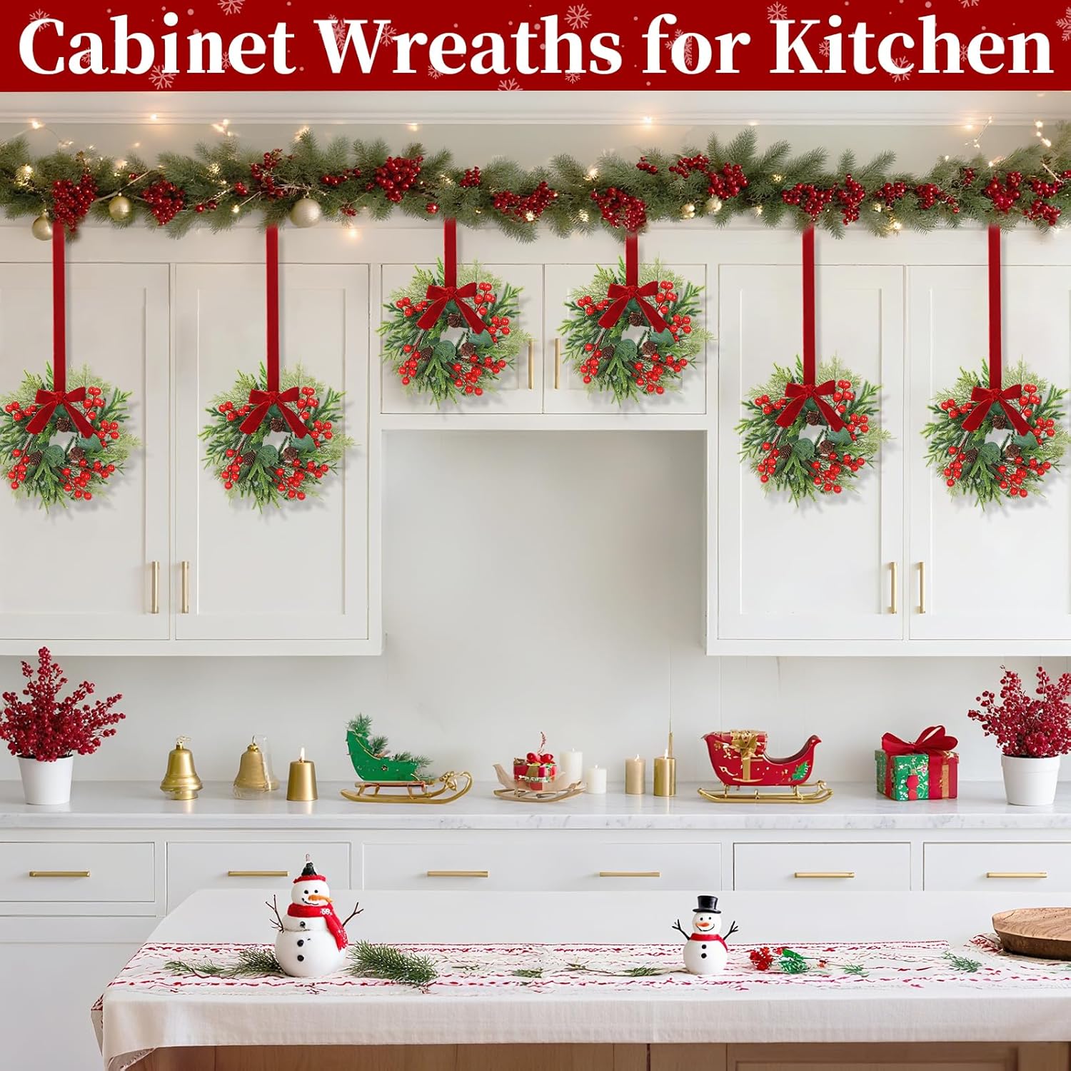 8 Pcs 11" Small Christmas Wreaths for Windows Kitchen Cabinets, Mini Christmas Wreath with Cedar Cypress Eucalyptus Leaf Pinecones Red Berried Bow Christmas Wreaths for Front Door Wall Chairs Stairs