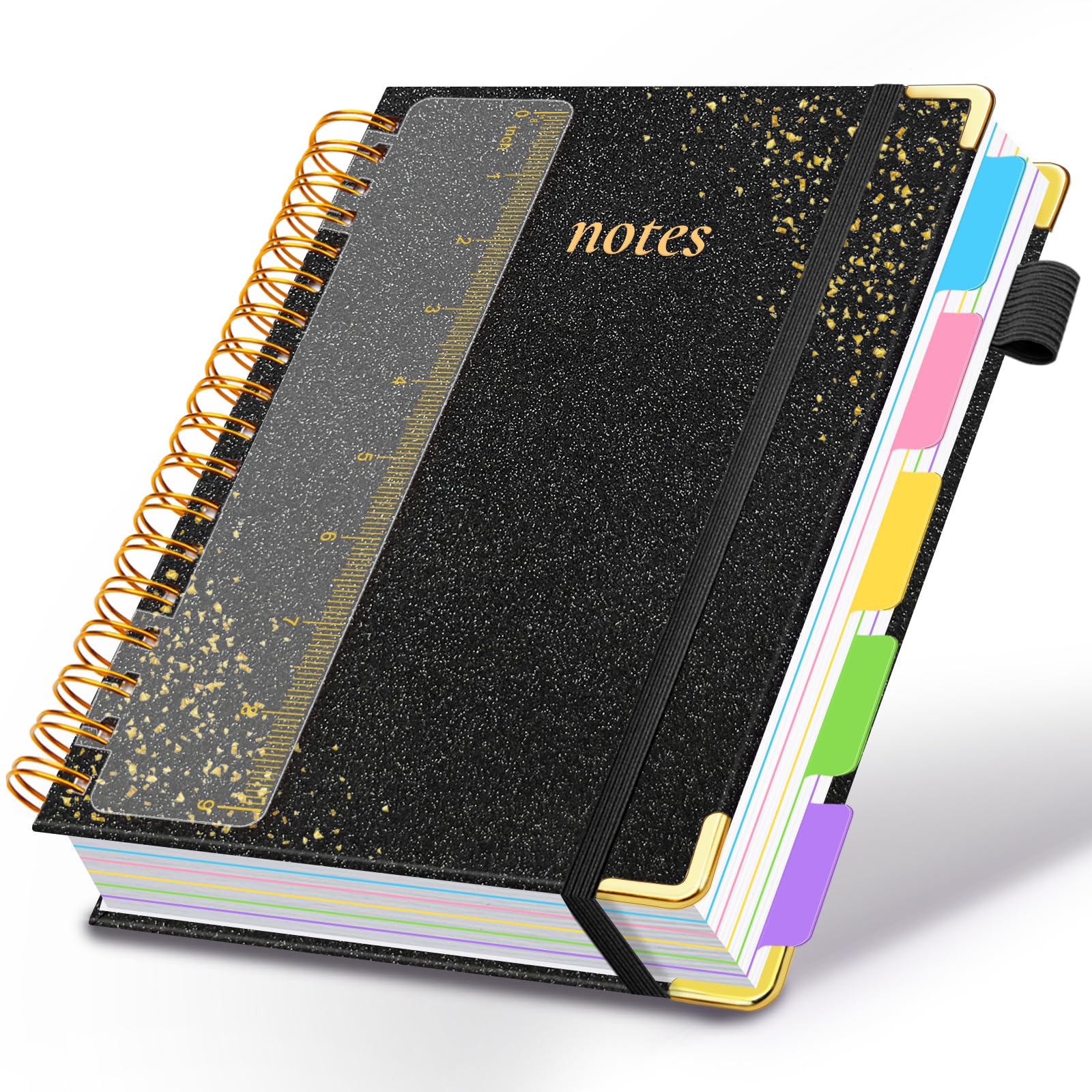 Carnet à spirales à couverture rigide avec intercalaires et onglets amovibles, 20,3 x 25,4 cm, 5 sujets pour le travail, 300 pages, ligné à paillettes pour femmes, filles, étudiants, prise de