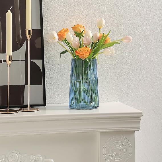 Blue Glass Vase for Flowers, Ribbed Vase, Flower Vases for Bouquet, Modern Glass Vases for Living Room, Bedroom, Dining Table, Office, Shelf, 20CM