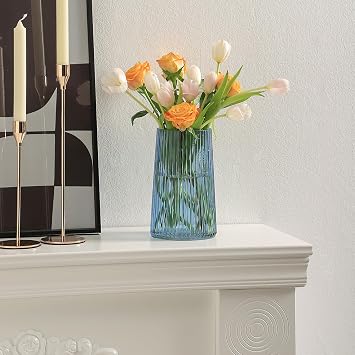 Blue Glass Vase for Flowers, Ribbed Vase, Flower Vases for Bouquet, Modern Glass Vases for Living Room, Bedroom, Dining Table, Office, Shelf, 20CM