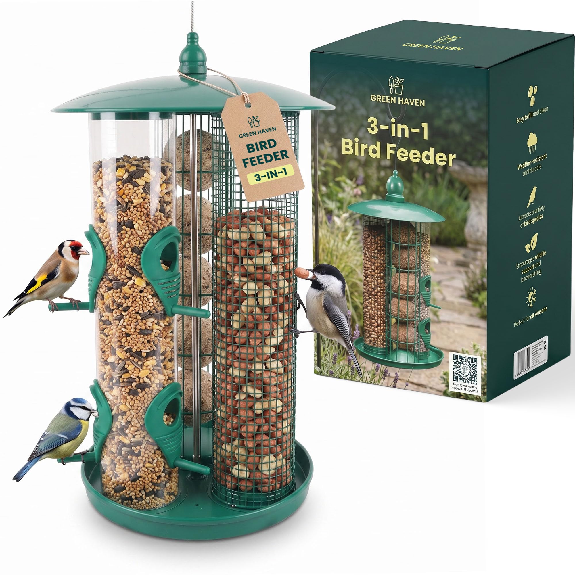 Green Haven 3-in-1 Bird Feeder and Fat Ball Feeder, Hanging Design