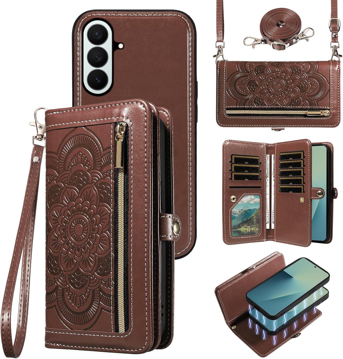 Asuwish Phone Case for Samsung Galaxy Z Fold 7 Zipper Wallet Detachable Magnetic Cell Cover with Crossbody Wrist Strap Mandala Flower Purse Flip Credit Card Holder ZFold Z7 G Fold7 7Z Women Men Brown