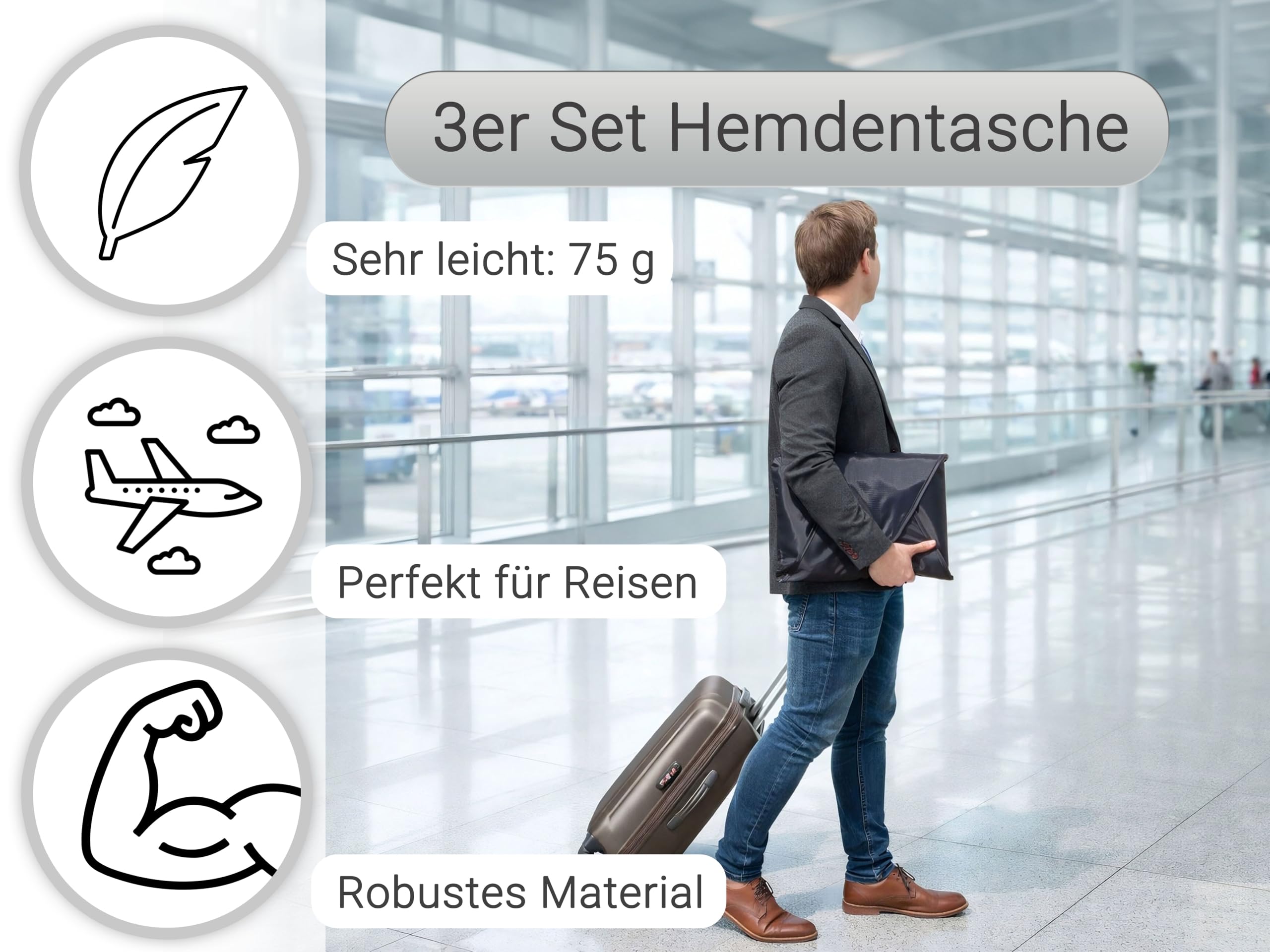 ZOLLNER 3er Set Hemdentaschen in 41x30 cm - für faltenfreie Kleidung - wasserabweisend - Polyester - leichtes Gewicht