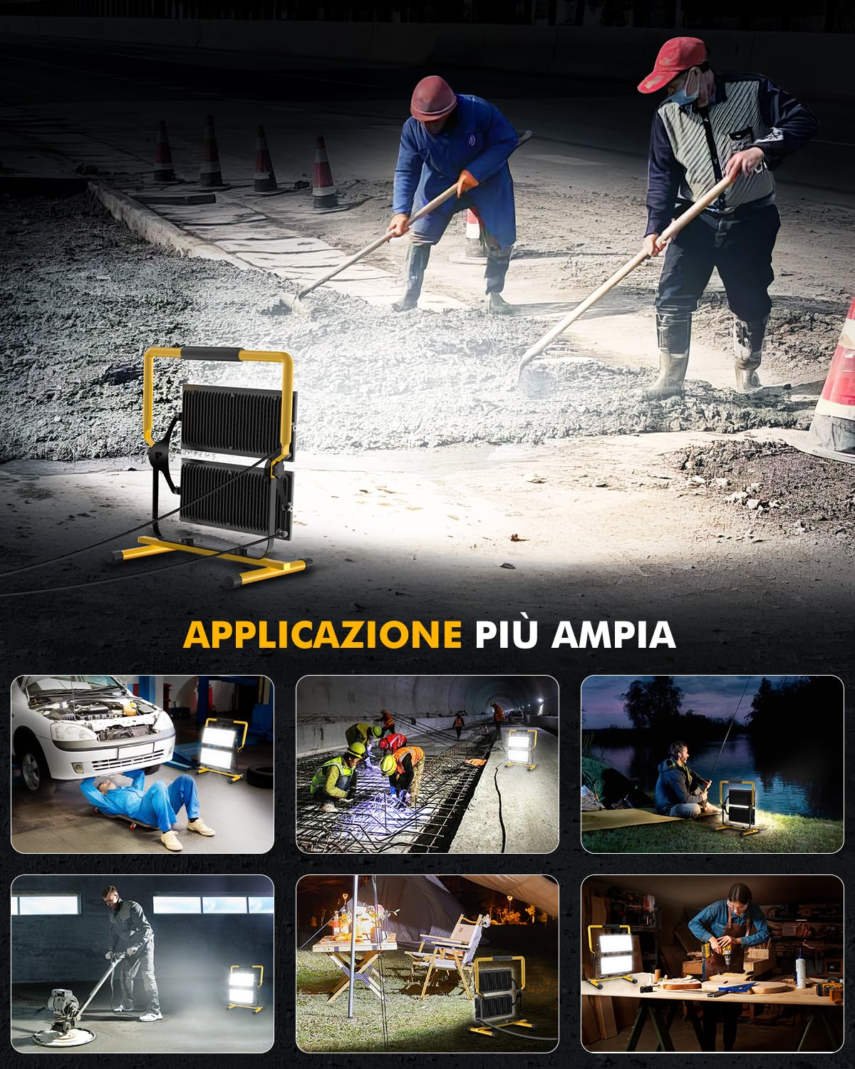 Faretto Led da Cantiere 200W 20000LM Faretti area di lavoro Faro LED Esterno - IP66 Impermeabile Portatile Proiettori con Spina e Staffa, Rotazione 360° Lampada per Edilizia Garage Officina