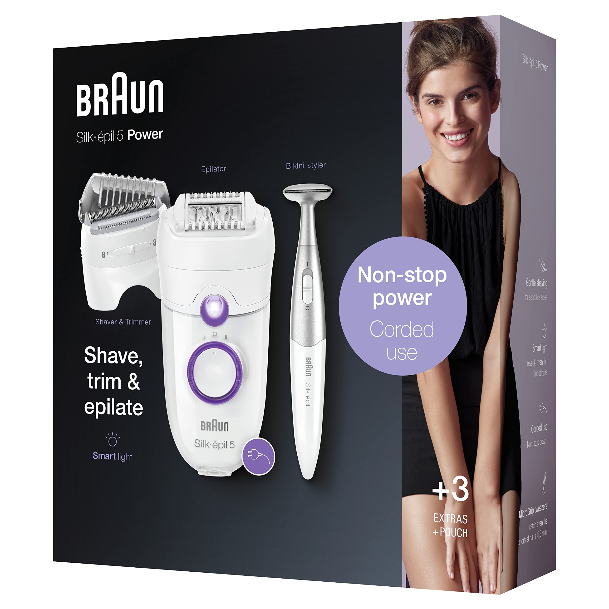 Braun Silk-épil 5-825 Power Depilatore Donna, Epilatore Elettrico Donna Per I Primi Utilizzi, Testina Radente, Cappuccio Regolatore E Bikini Styler, Bianco/Viola