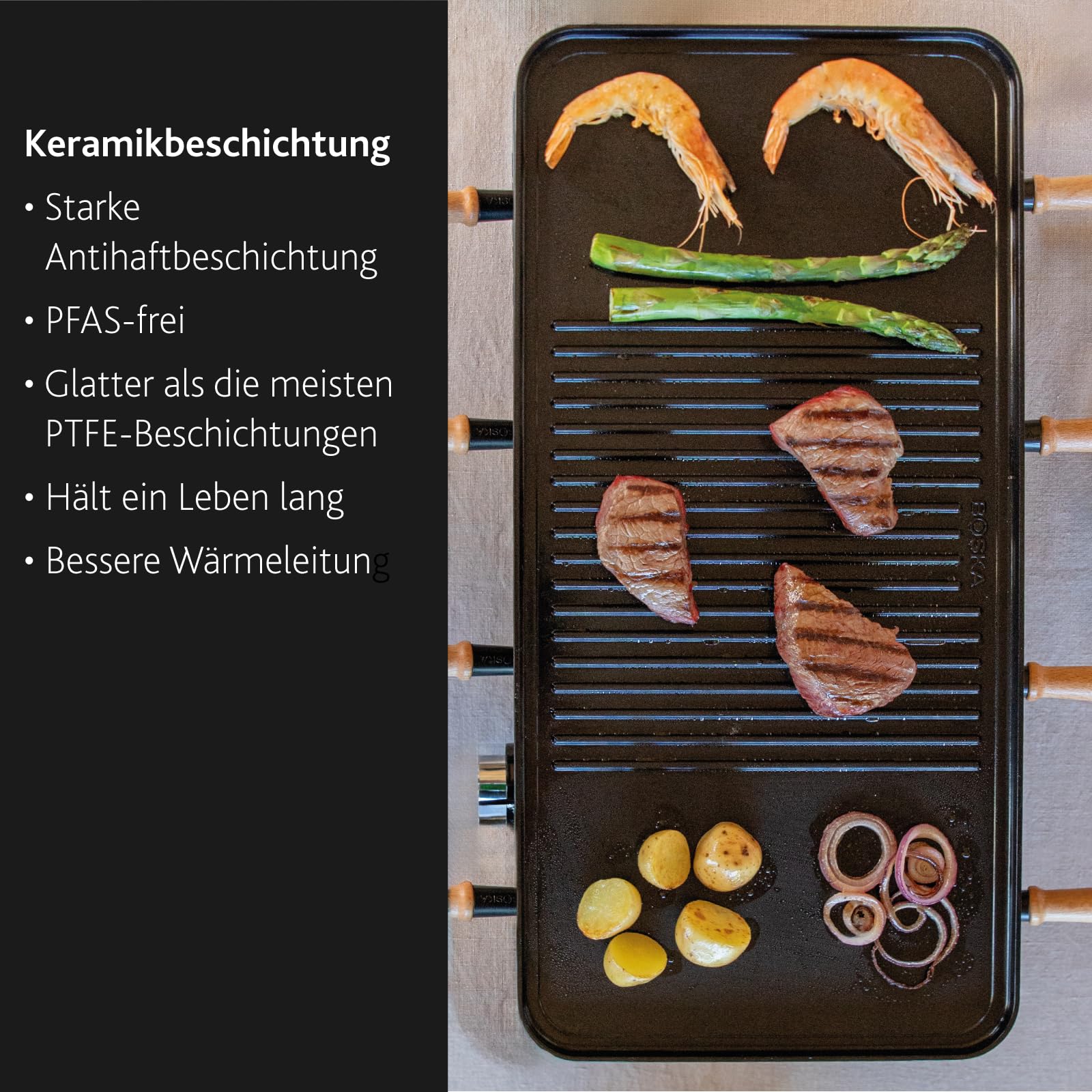 BOSKA Raclette Grill Party – Raclette 8 Personen – PFAS-frei – Keramische Grillplatte – Griffe aus Buchenholz – Wendeplatte aus Aluminium – Schwarz
