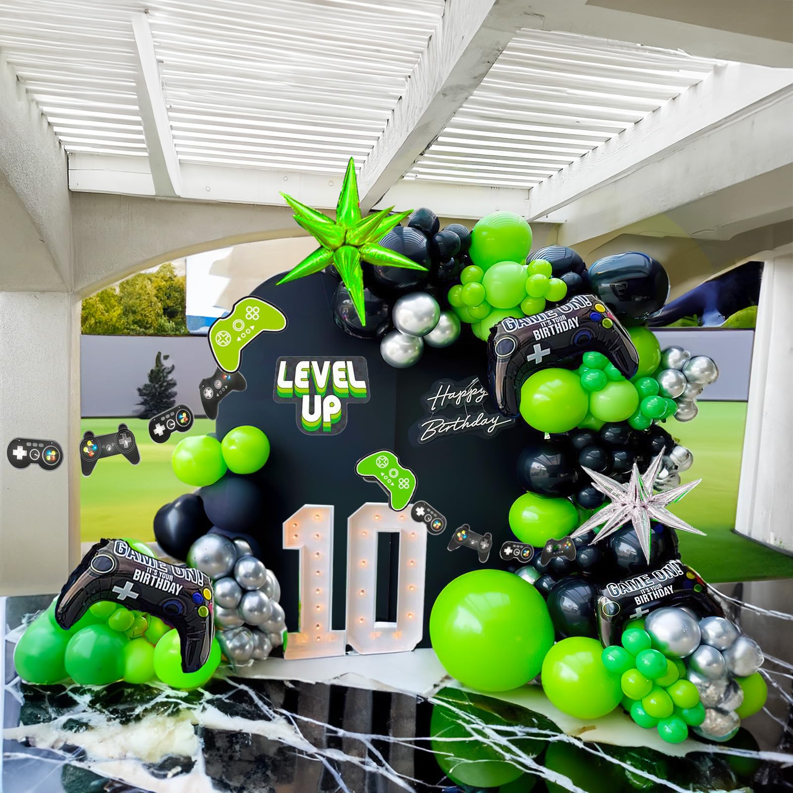 Video game Balloon garland kit 135pcs Green and Black Silver Controller balloon arch Gamer night Decorations For boy birthday gaming on party supplies