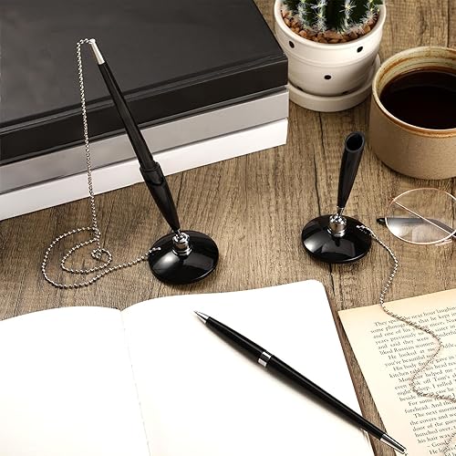 Miniatura 7 de Zonon 24 unidades de bolígrafo seguro con cadena de seguridad para bolígrafo, contador con cadena adhesiva y base, tinta negra para recepción,