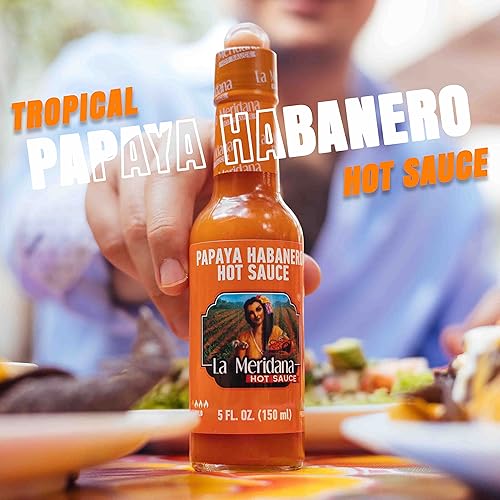 Miniatura 2 de La Meridana Papaya Habanero - Auténtico sabor mexicano, botellas importadas de salsa picante de pimienta habanera, sin gluten, Kosher y vegana