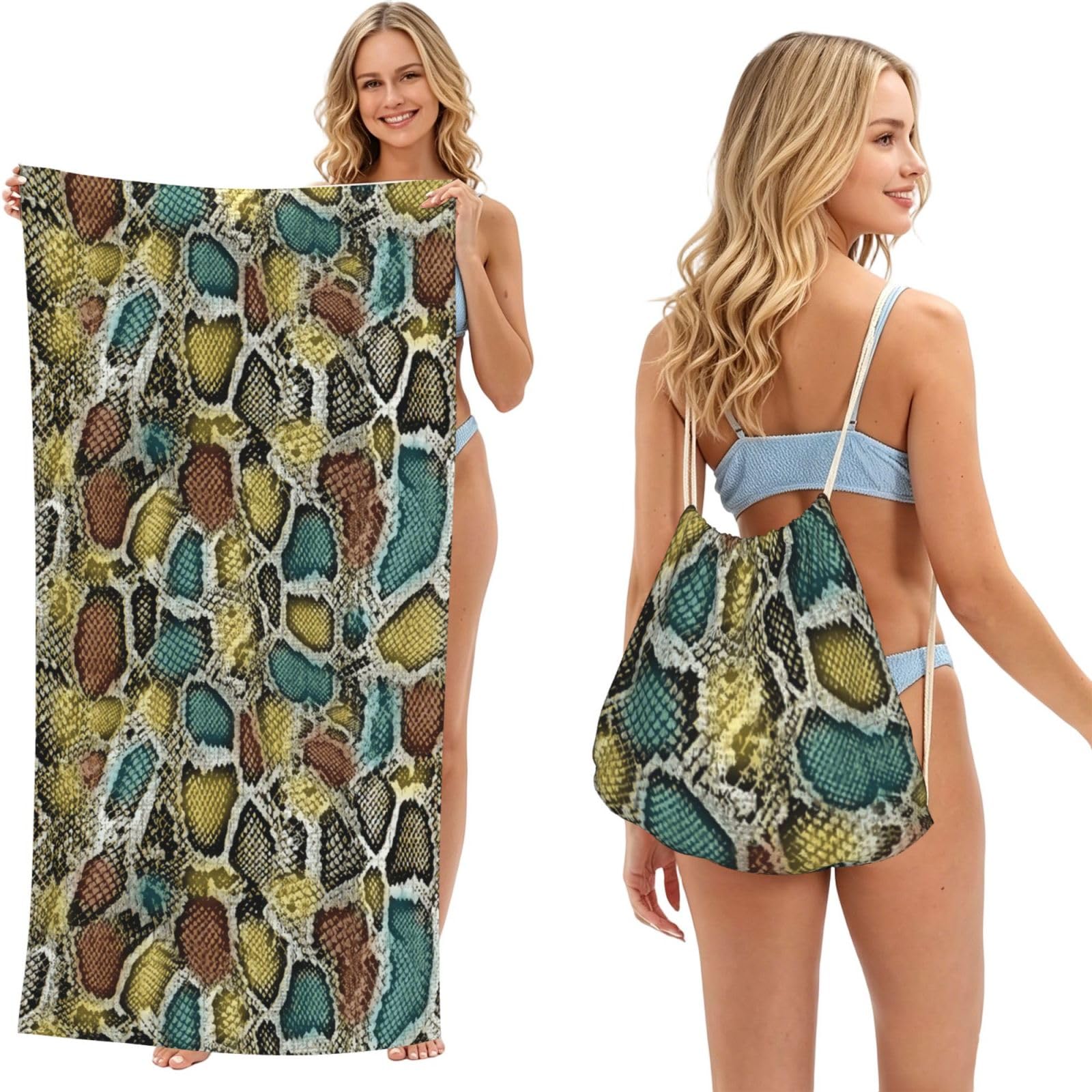 Poadnly Colorful Snake Skin Texture, 2 in 1 Packable Towel Bag, Beach Towels with Drawstring Backpack for Travel Holiday Camping