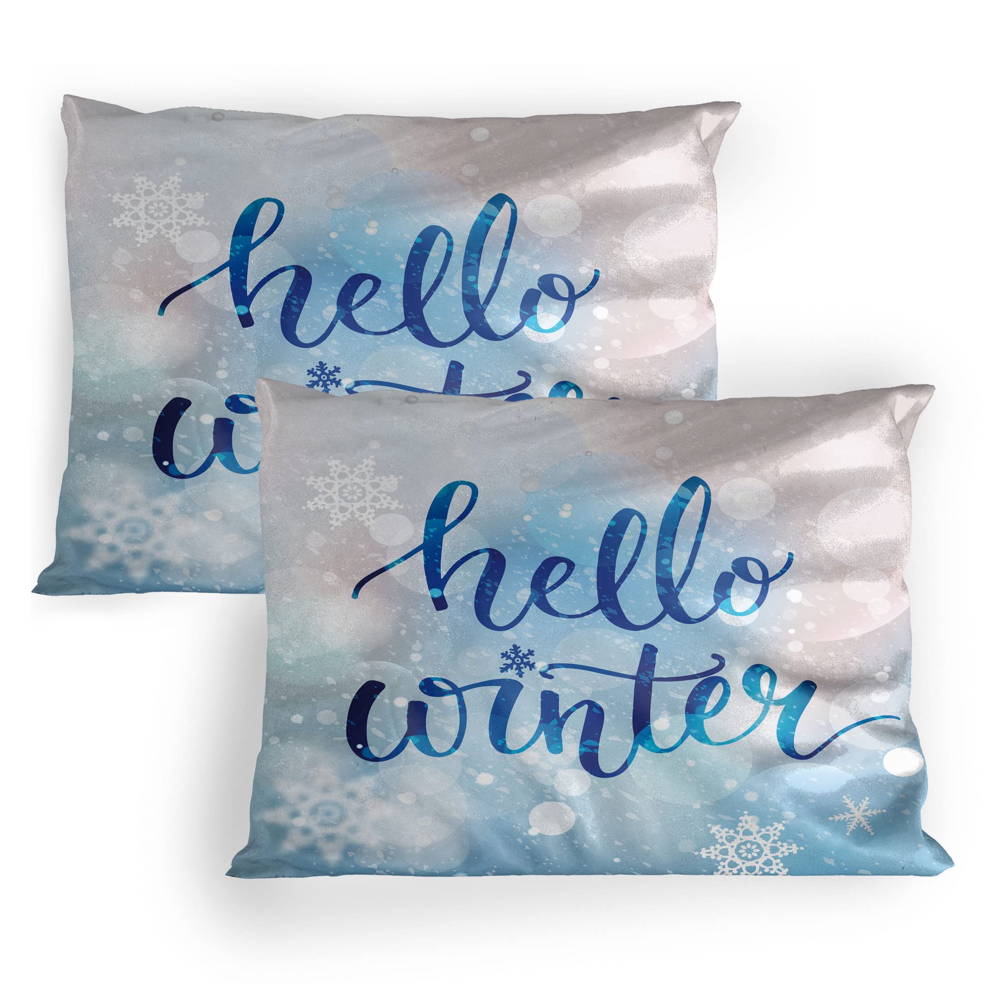 Ambesonne Winter Pillow Sham Set of 2, Hello Winter Lettering on Abstract Blurry Snowflakes Bokeh Effect, Quality Microfiber Bedding Item for All Seasons, 26
