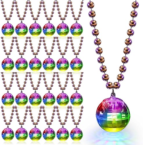 Henoyso 24 collares de bola de discoteca LED con luces LED de Mardi Gras, collares de cuentas de discoteca de los años 70, collares de disfraces