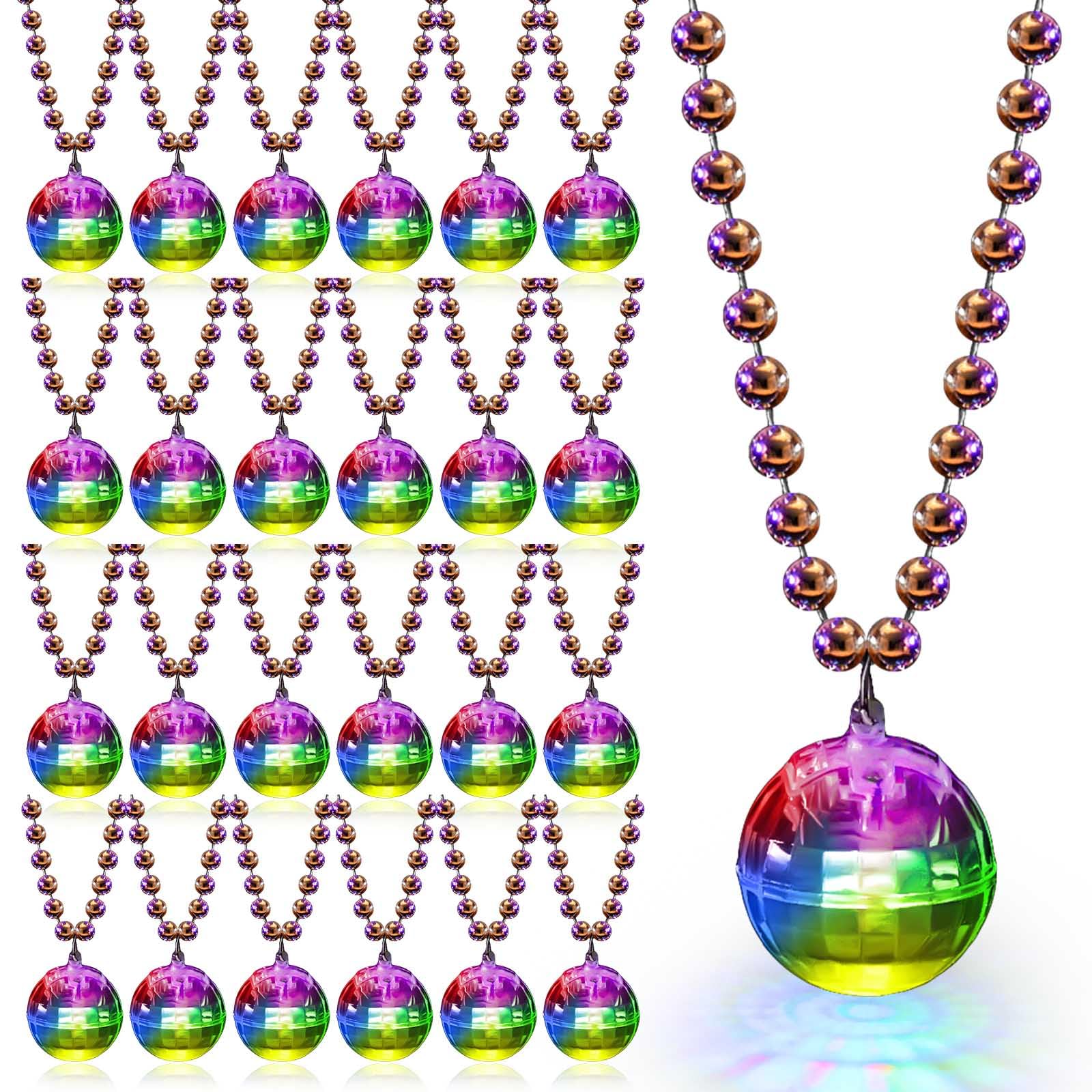 Henoyso 24 Pcs LED Disco Ball Necklaces Light up Mardi Gras Beads Necklaces 70s Disco Necklace Disco Party Favors Costume Necklaces for Stage Props Bachelorette Birthday(Silver, Colorful Light)