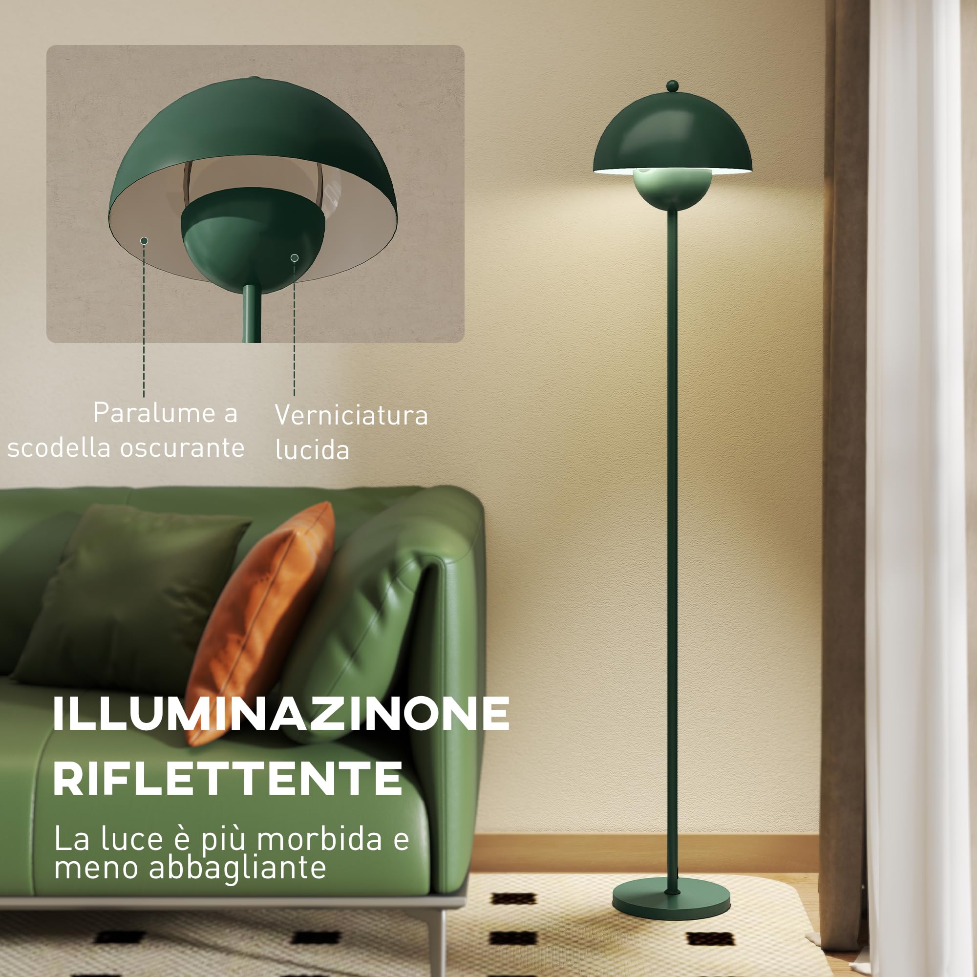 HOMCOM Lampada da Terra con Paralume Semicircolare e Interruttore a Pedale, Lampada a Piantana in Acciaio, Ø30x155 cm, Verde