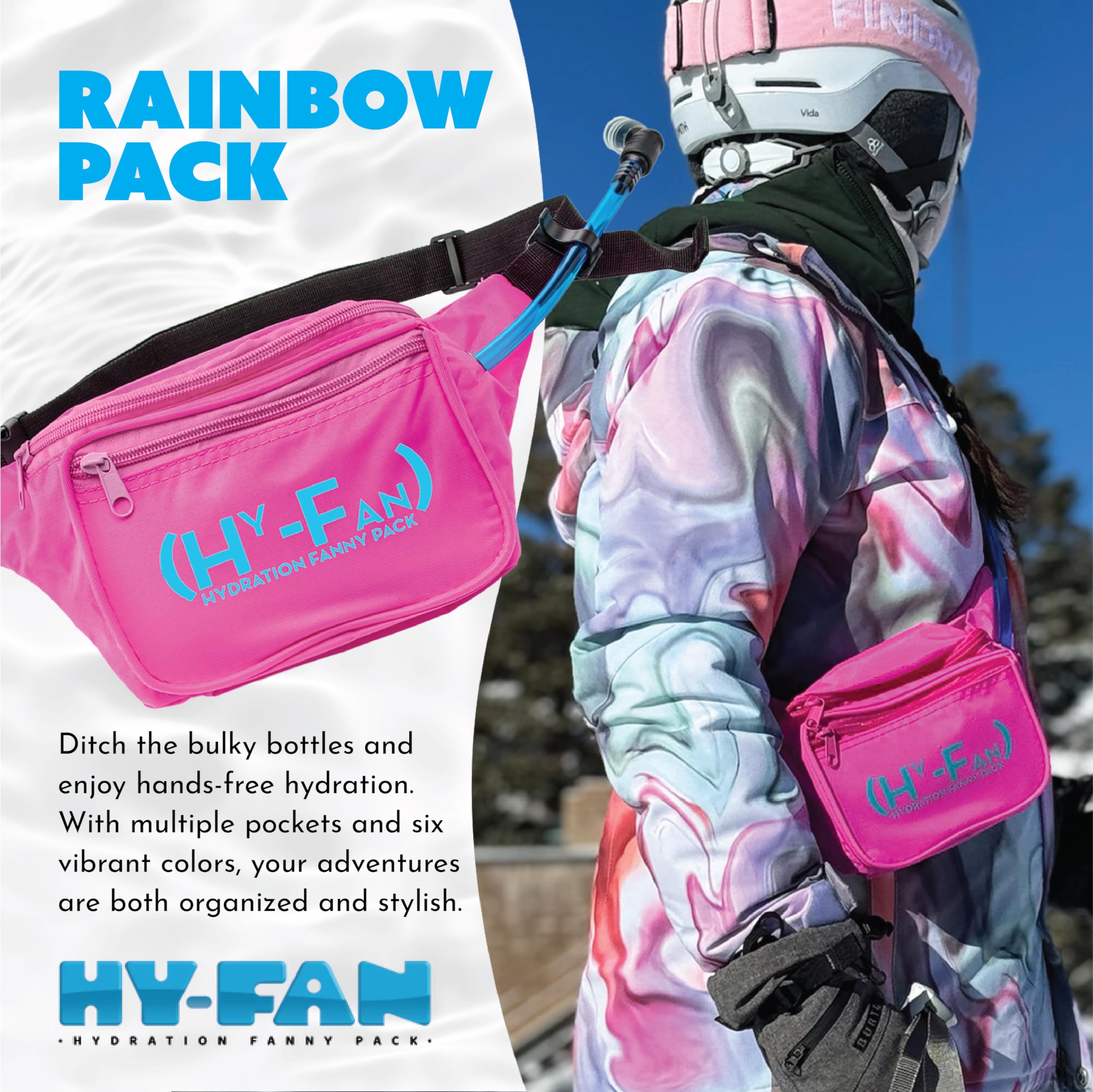 HY-FAN Hydration Fanny Pack z pęcherzem, 480 ml bez BPA, konstrukcja bez użycia rąk, bezpieczne kieszenie, idealna do atletycznych aktywności na świeżym powietrzu, podróży i nie tylko, dostępna w 6
