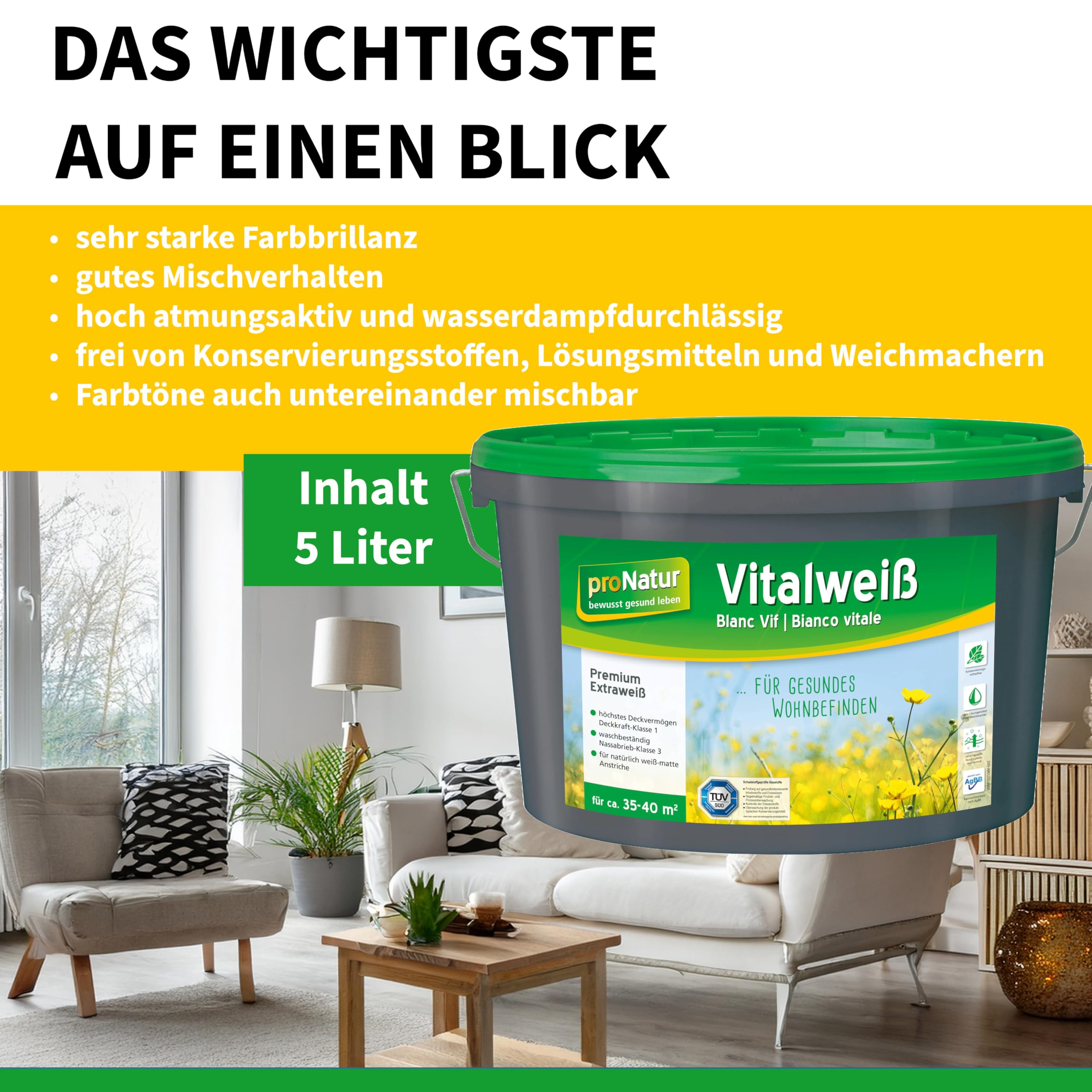 Baufan proNatur Vitalweiß 5 l | Pittura ai silicati per interni | Alta qualità | Tonalizzabile | Senza solventi, plastificanti e conservanti | Imballo resistente