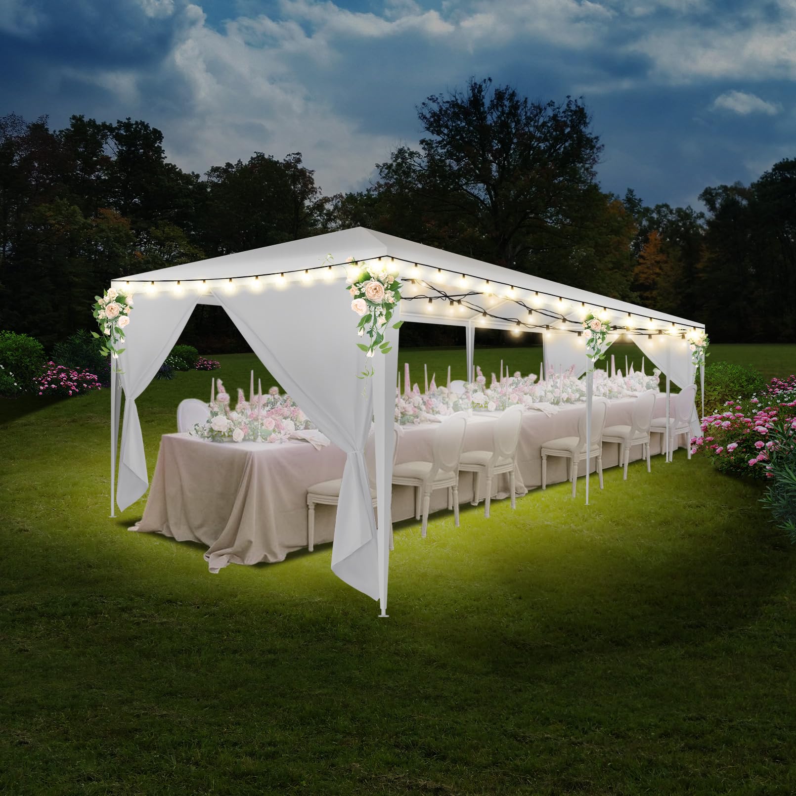 HOTEEL Pavillon 3x9 Wasserdicht Stabil Winterfest, Gartenpavillon 3x9 mit Fenstern & abnehmbaren Seitenwänden, UV-Schutz, für Garten, Partyzelt, Hochzeit, kommerzielle Aktivitäten, inkl. Heringe, weiß