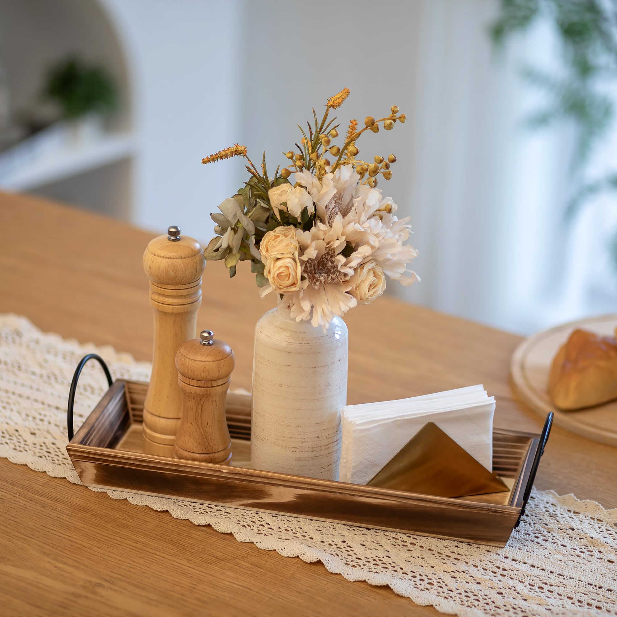 Vassoio In Legno Hanobe Stile Bohémien - Portaoggetti Decorativo Con Manici Per Pouf E Centrotavola - Foto 3