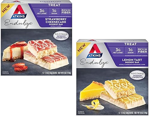 Atkins Endulge Treat - Paquete de barra de postre, tarta de queso de fresa y tarta de limón