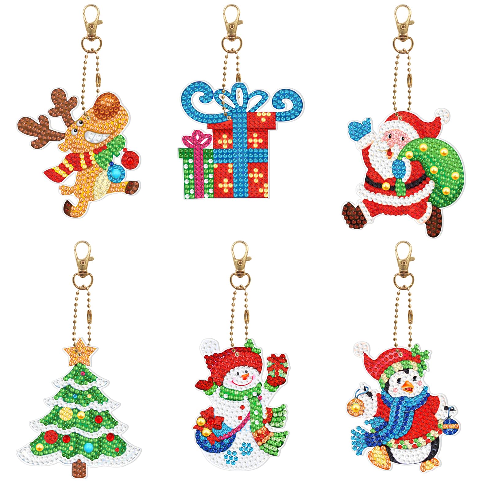 6 Pcs Santa Snowman Diamond Art Key Chains Christmas Tree Hanging Ornaments DIY Kits 5D Mini Diamond Art Painting Christmas Keychains Tags Double Sided Gem by Number Crafts Key Rings for Girls Boys
